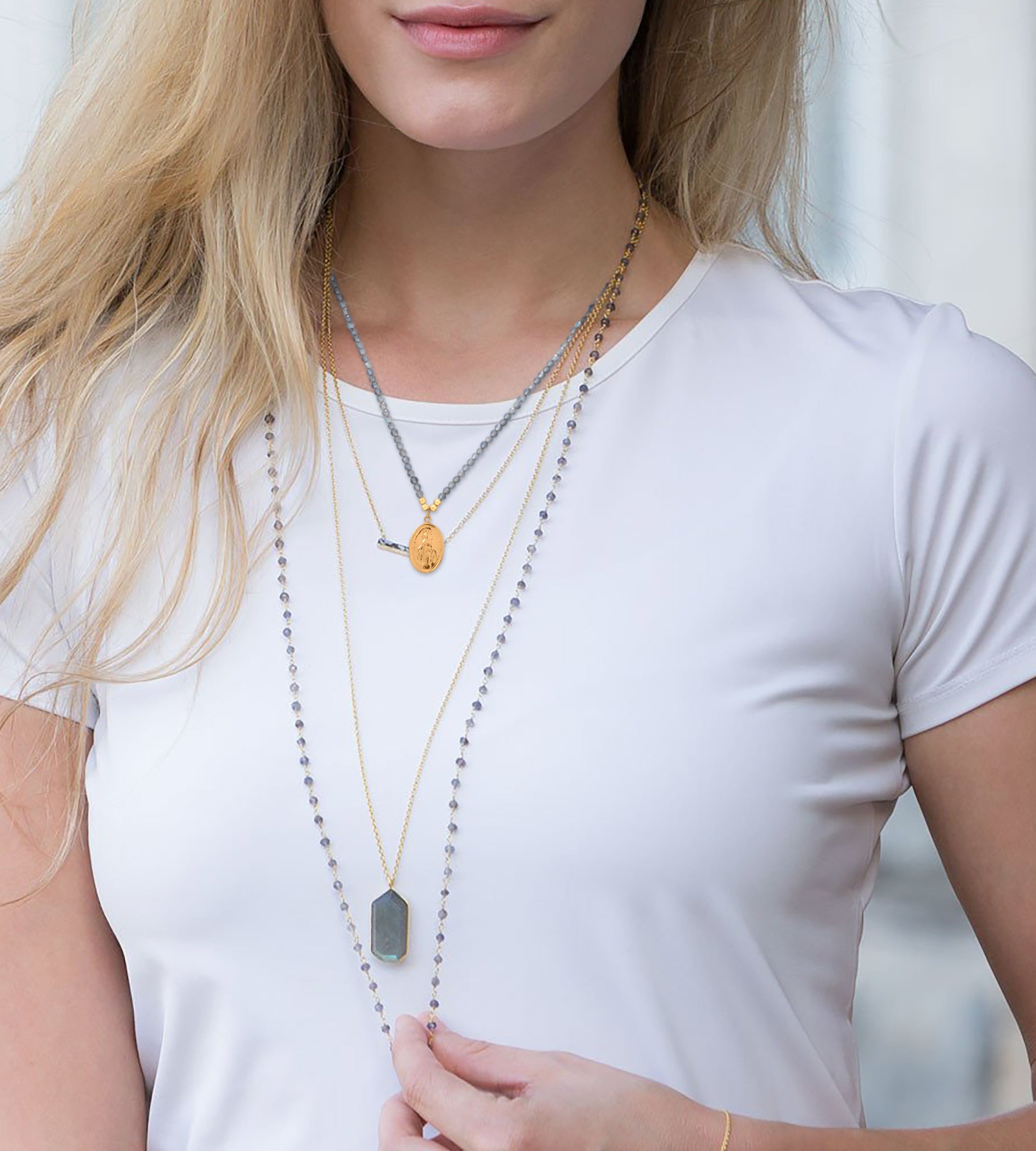 Virgin Mary Charm Labradorite Beaded Necklace