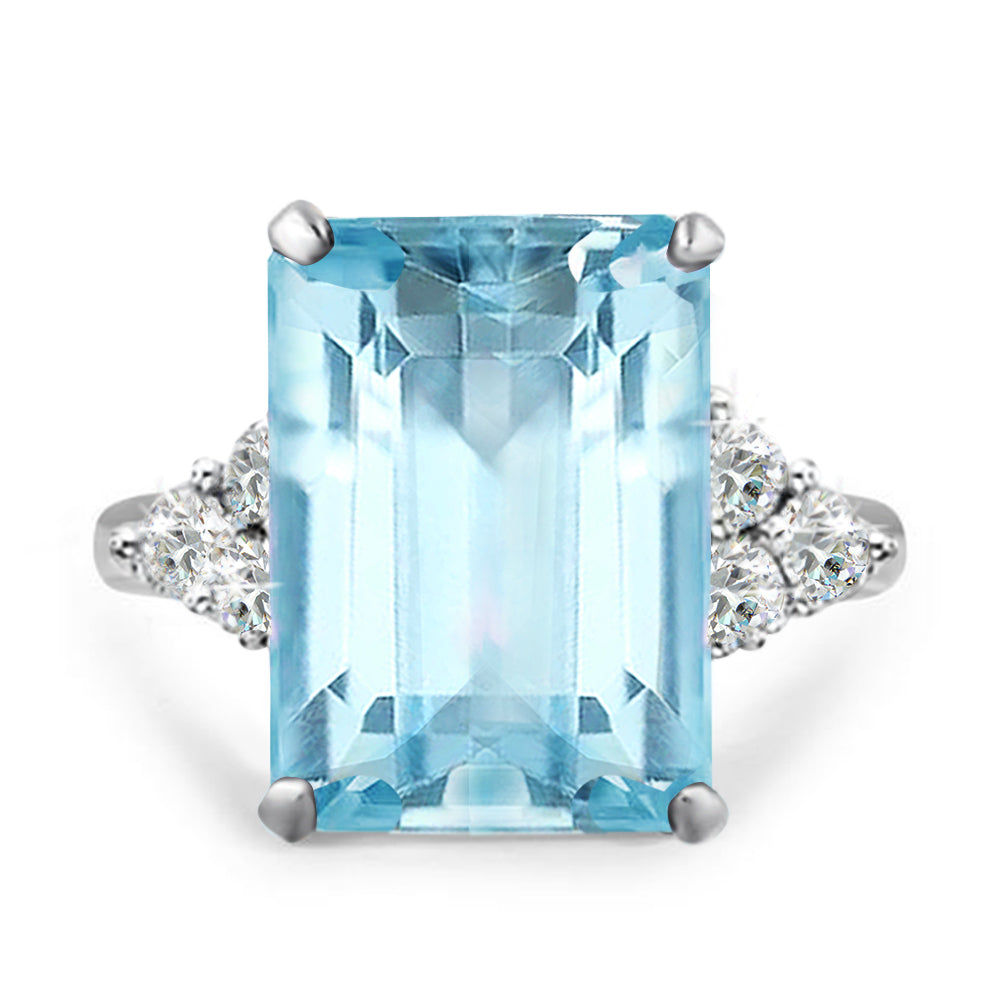 Emerald Cut Blue Cocktail Ring in White Gold Plating