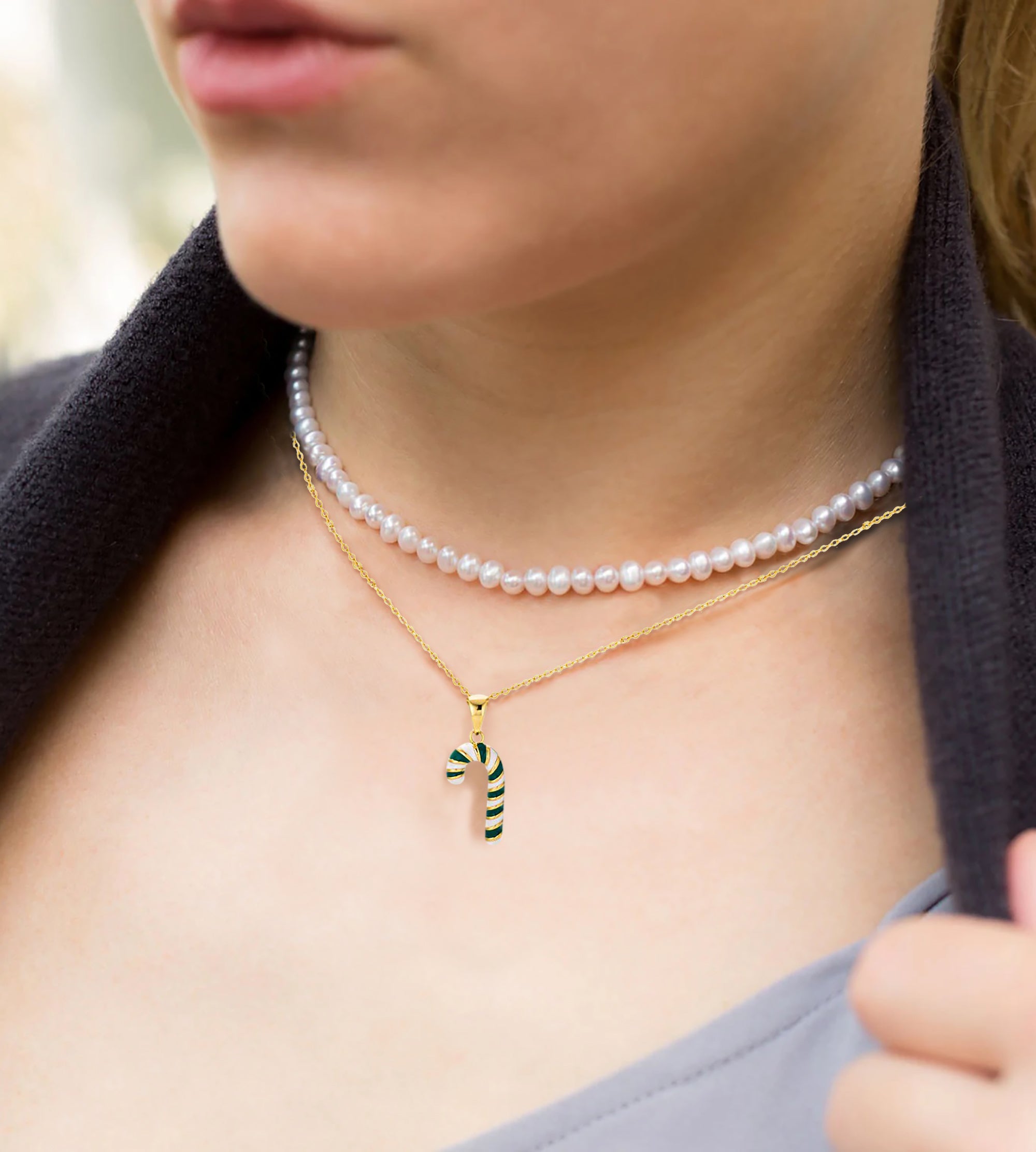 Holiday Cheers Enamel Green Candy Cane Pendant Necklace