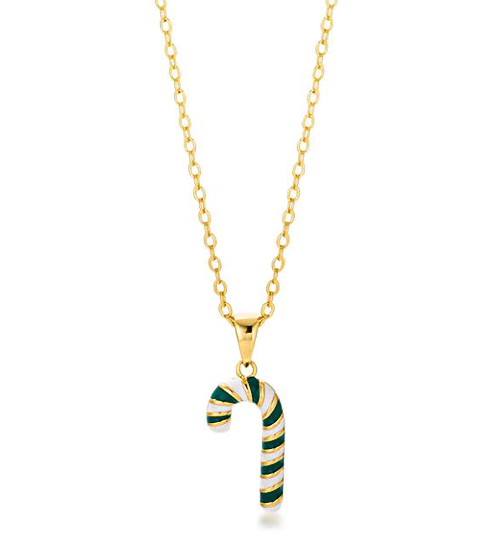 Holiday Cheers Enamel Green Candy Cane Pendant Necklace