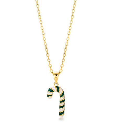 Holiday Cheers Enamel Green Candy Cane Pendant Necklace
