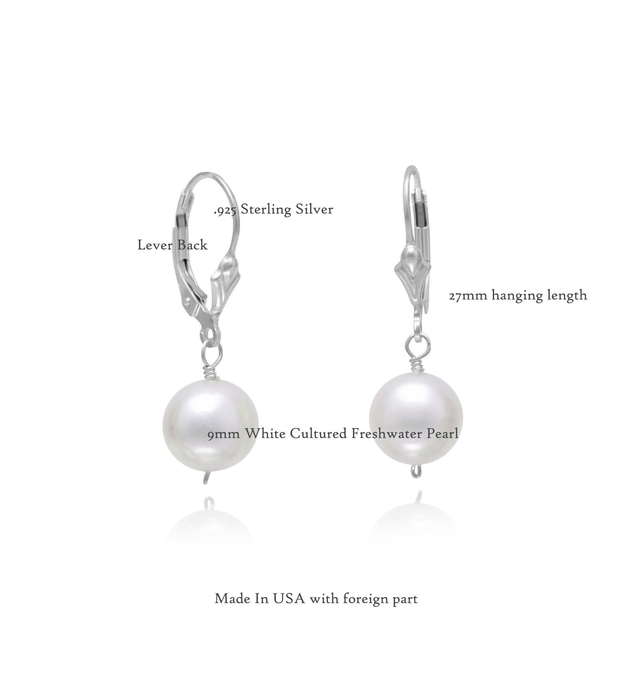 White Cultured Freshwater Pearl Dangle Earrings, 9mm