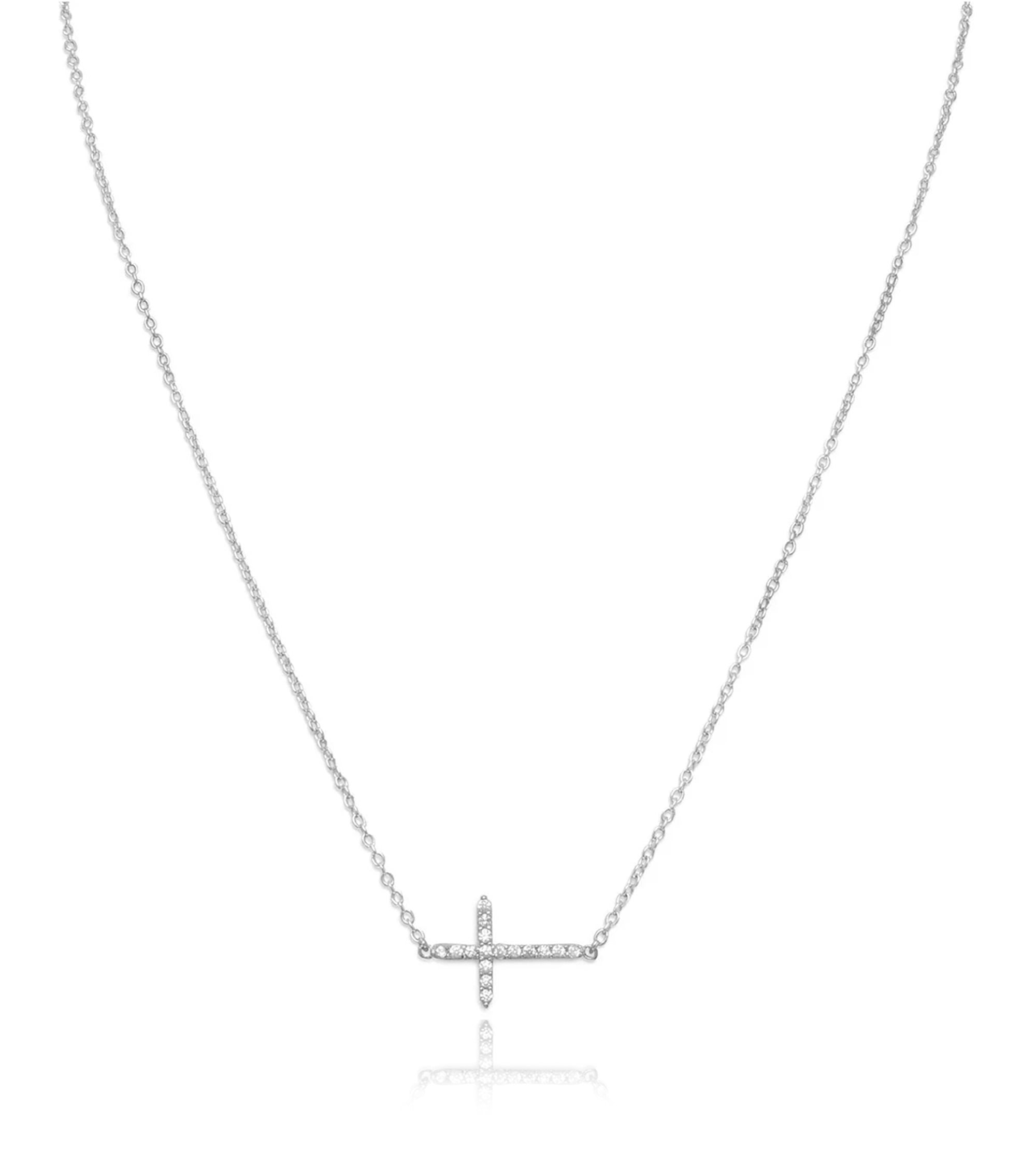 Sterling Silver CZ Horizontal Cross Necklace