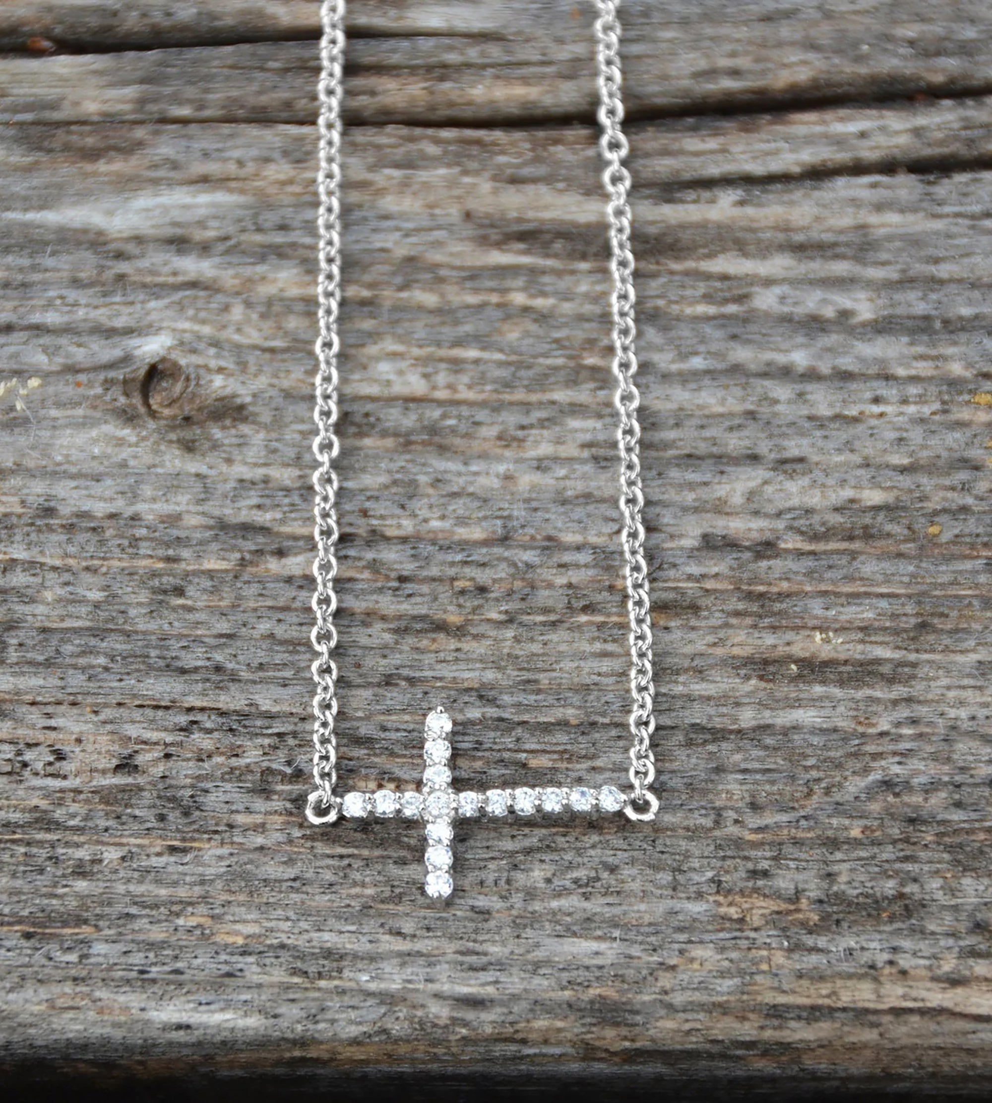 Sterling Silver CZ Horizontal Cross Necklace