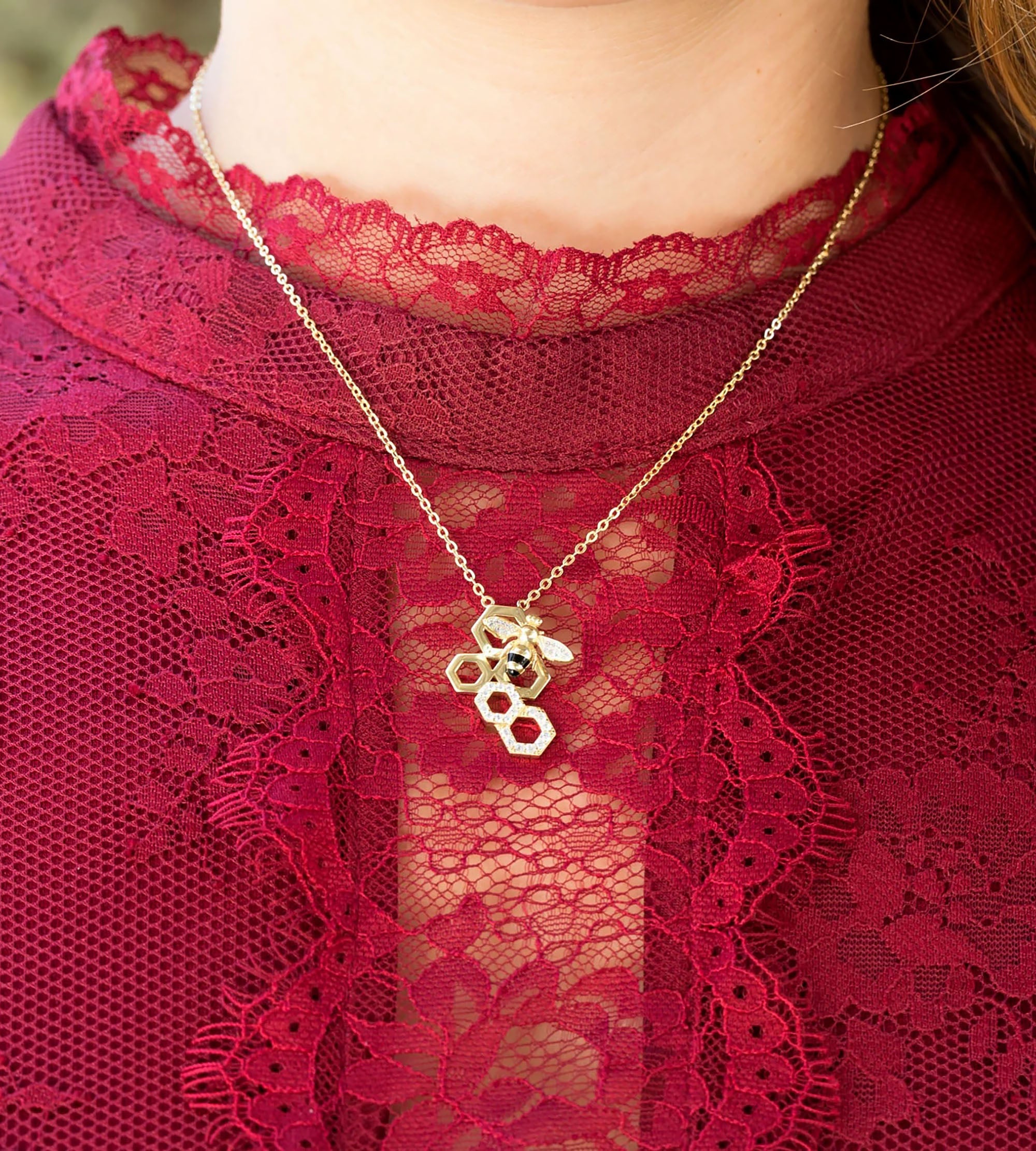 Signity CZ Honeycomb & Bee Necklace