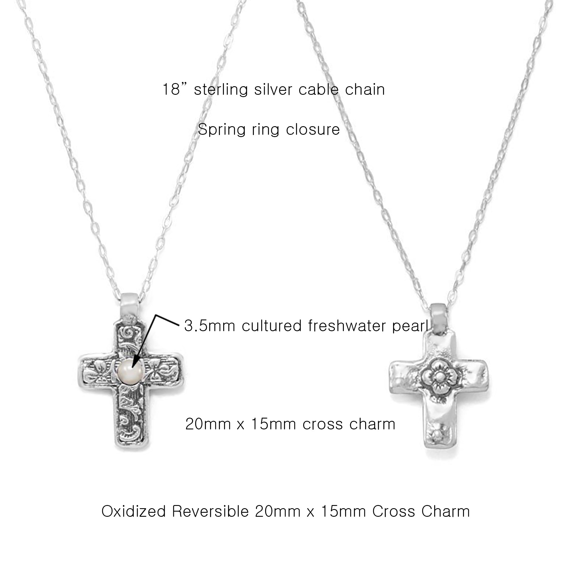 Reversible Oxidized Sterling Silver Cross Charm Pearl Necklace