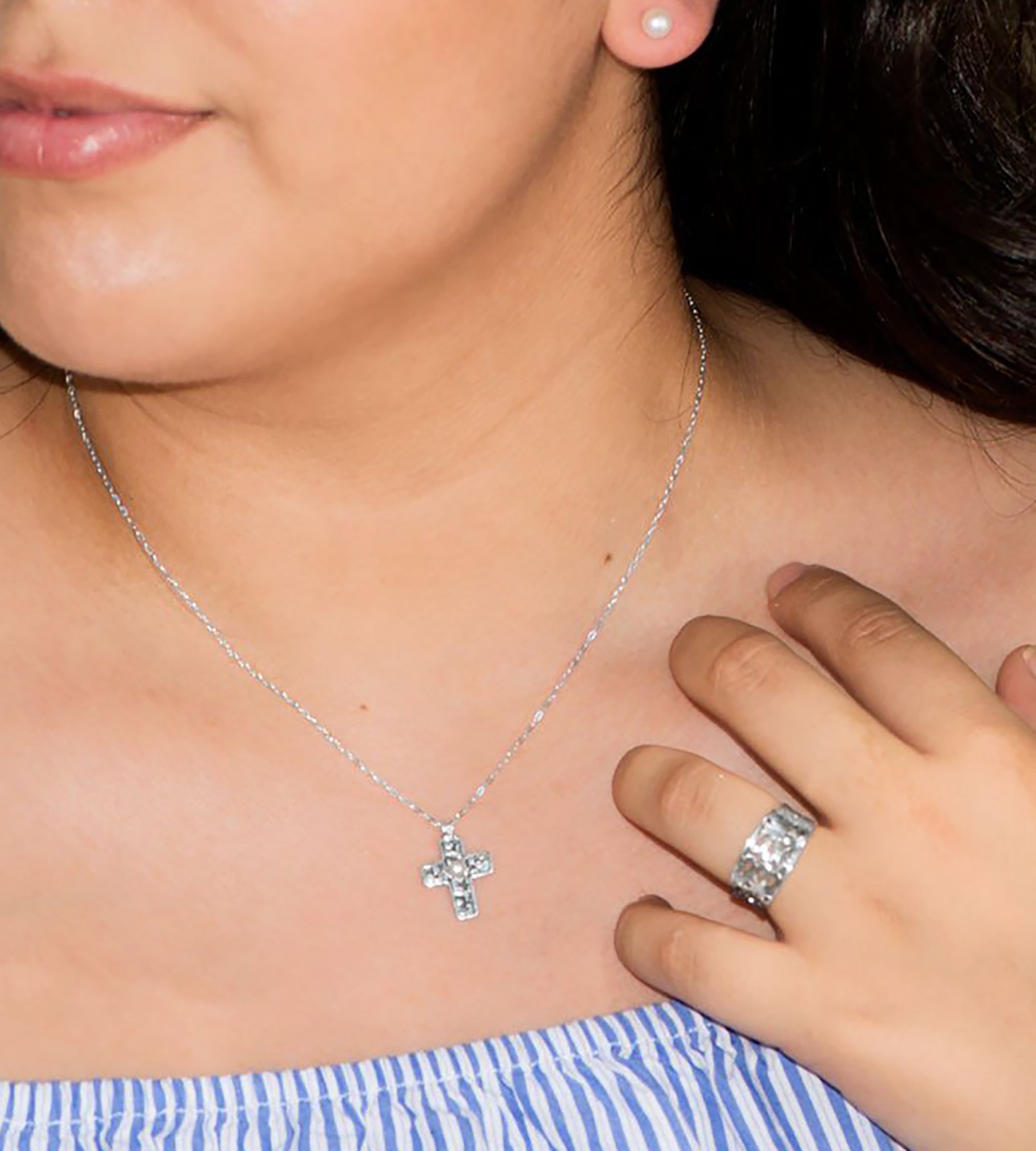 Reversible Oxidized Sterling Silver Cross Charm Pearl Necklace