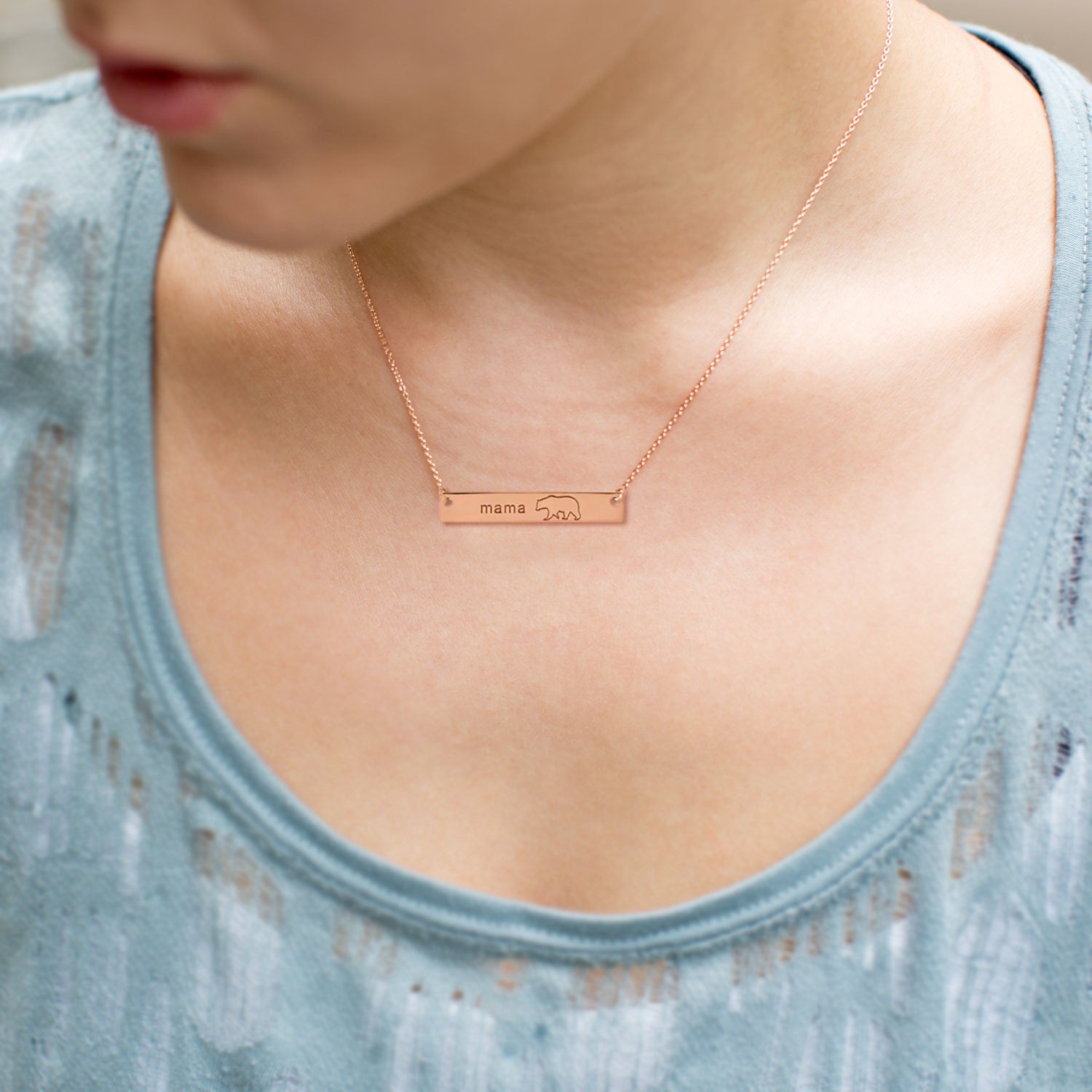 "Mama Bear" Bar Necklace in Rose Gold Plating