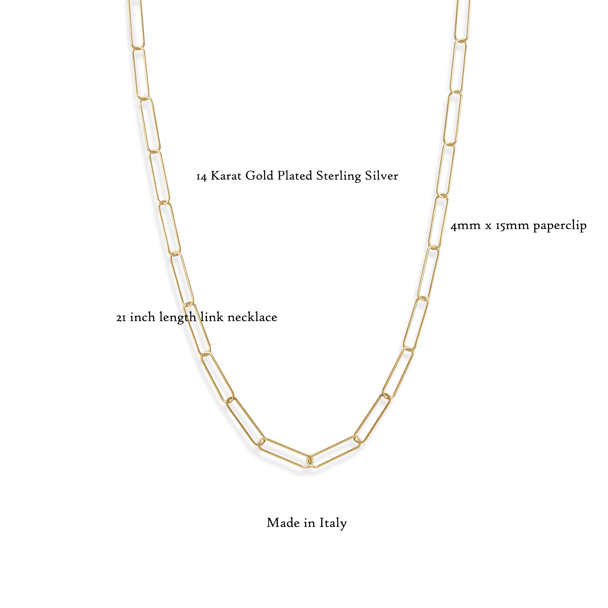 Sterling Silver Paperclip Necklace in Gold Plating, 21"