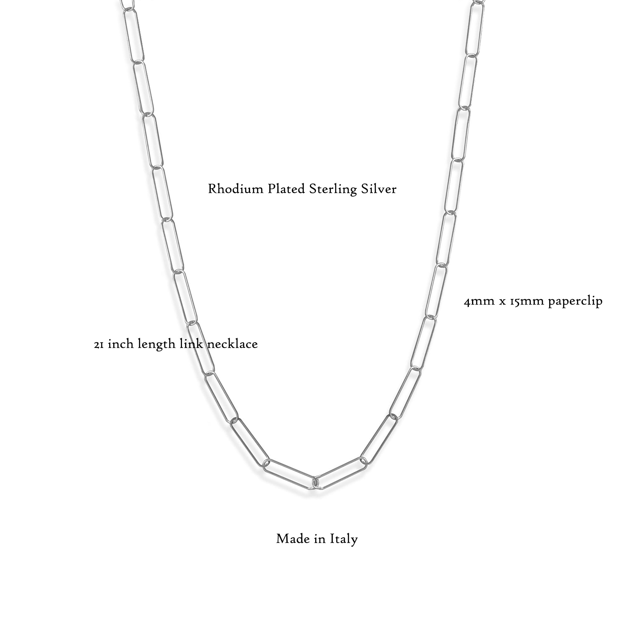 Sterling Silver Paperclip Necklace in Rhodium Plating, 21"