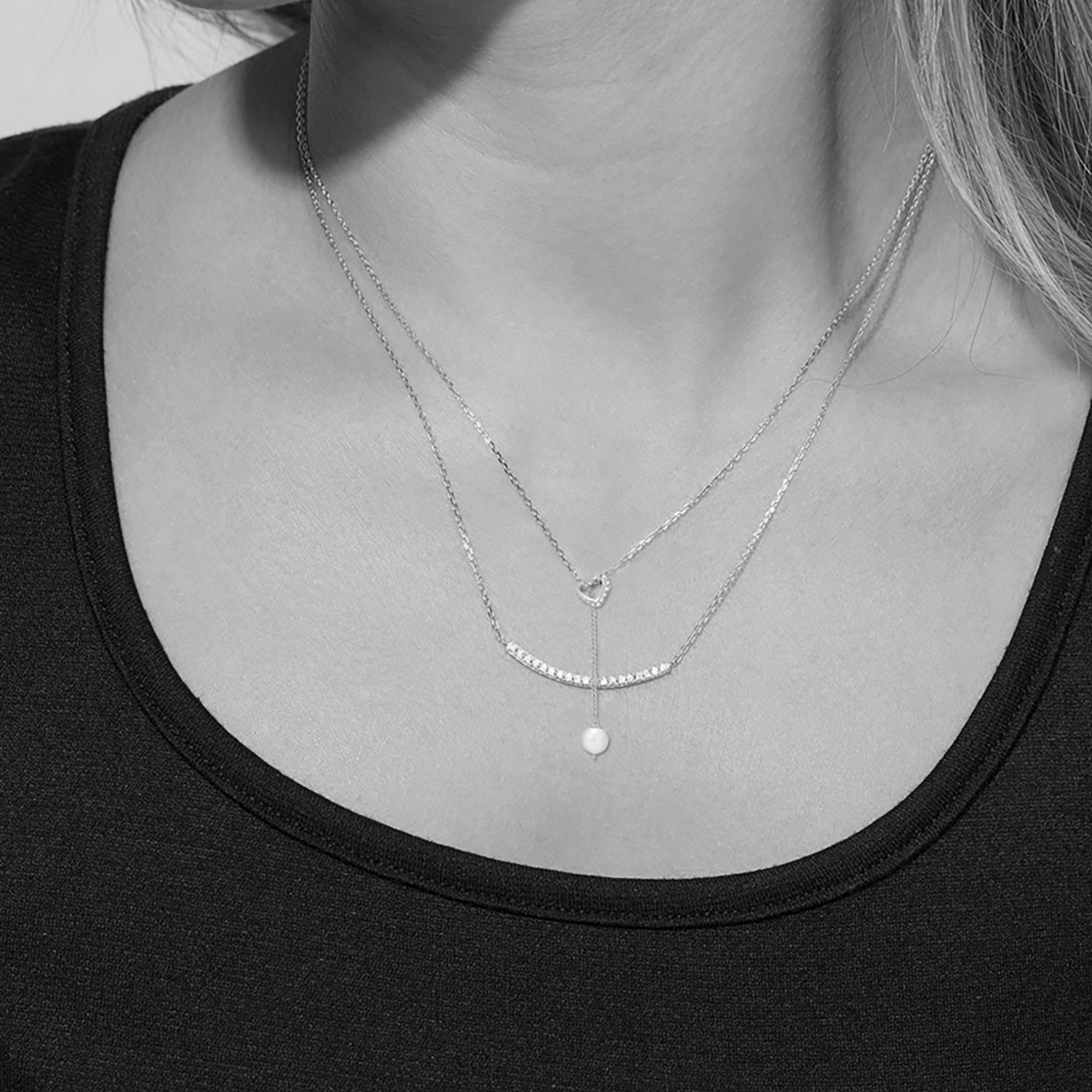 Pearl & CZ Heart Lariat Necklace