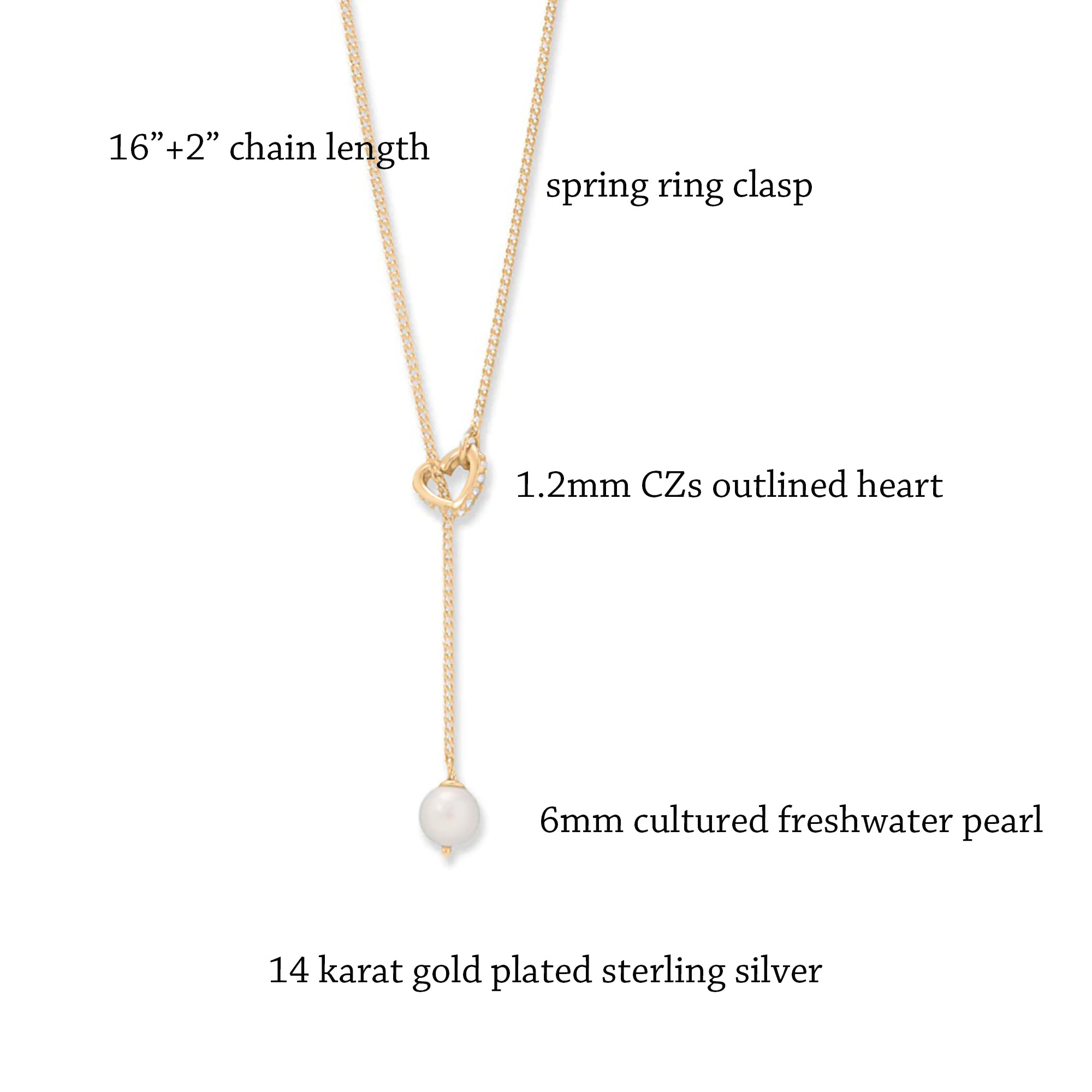 Pearl & CZ Heart Lariat Necklace in Gold Plating