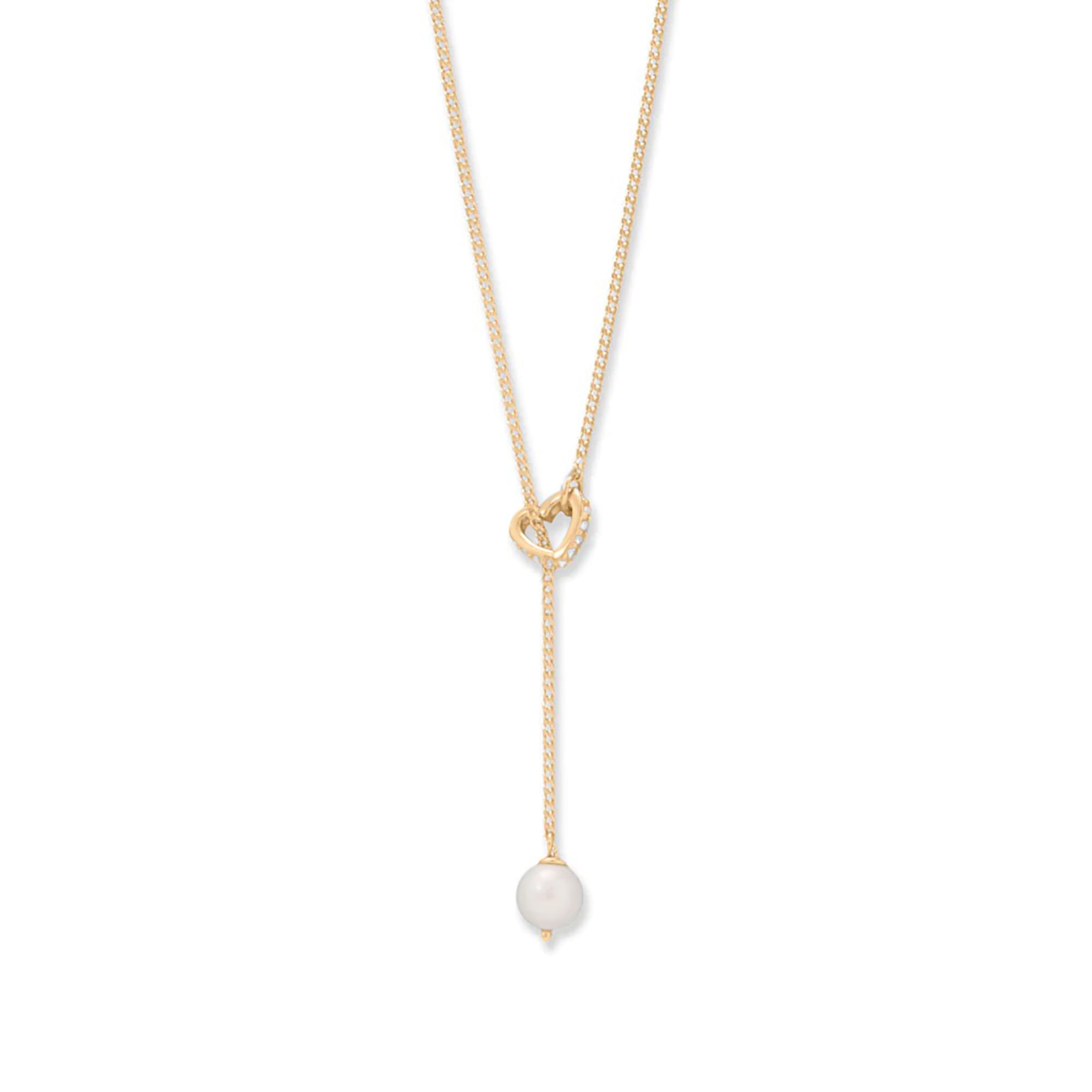 Pearl & CZ Heart Lariat Necklace in Gold Plating
