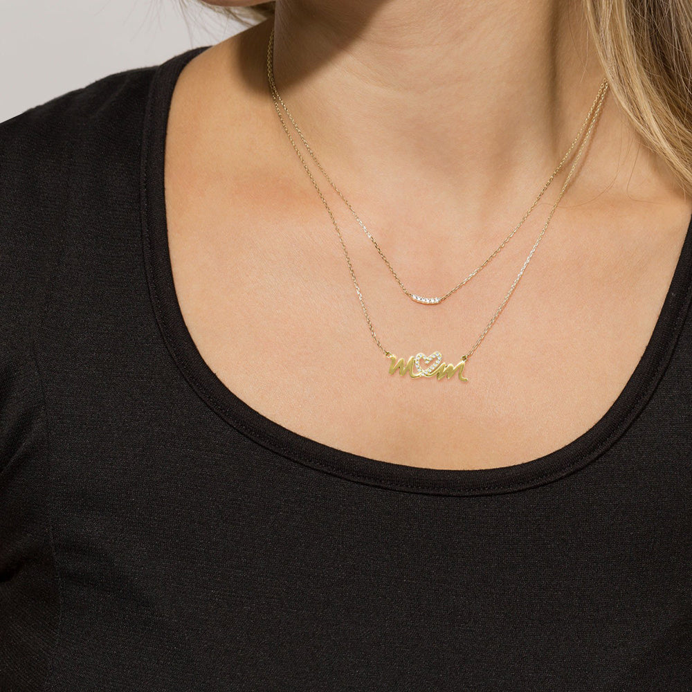CZ Heart Mom Necklace in Gold Plating