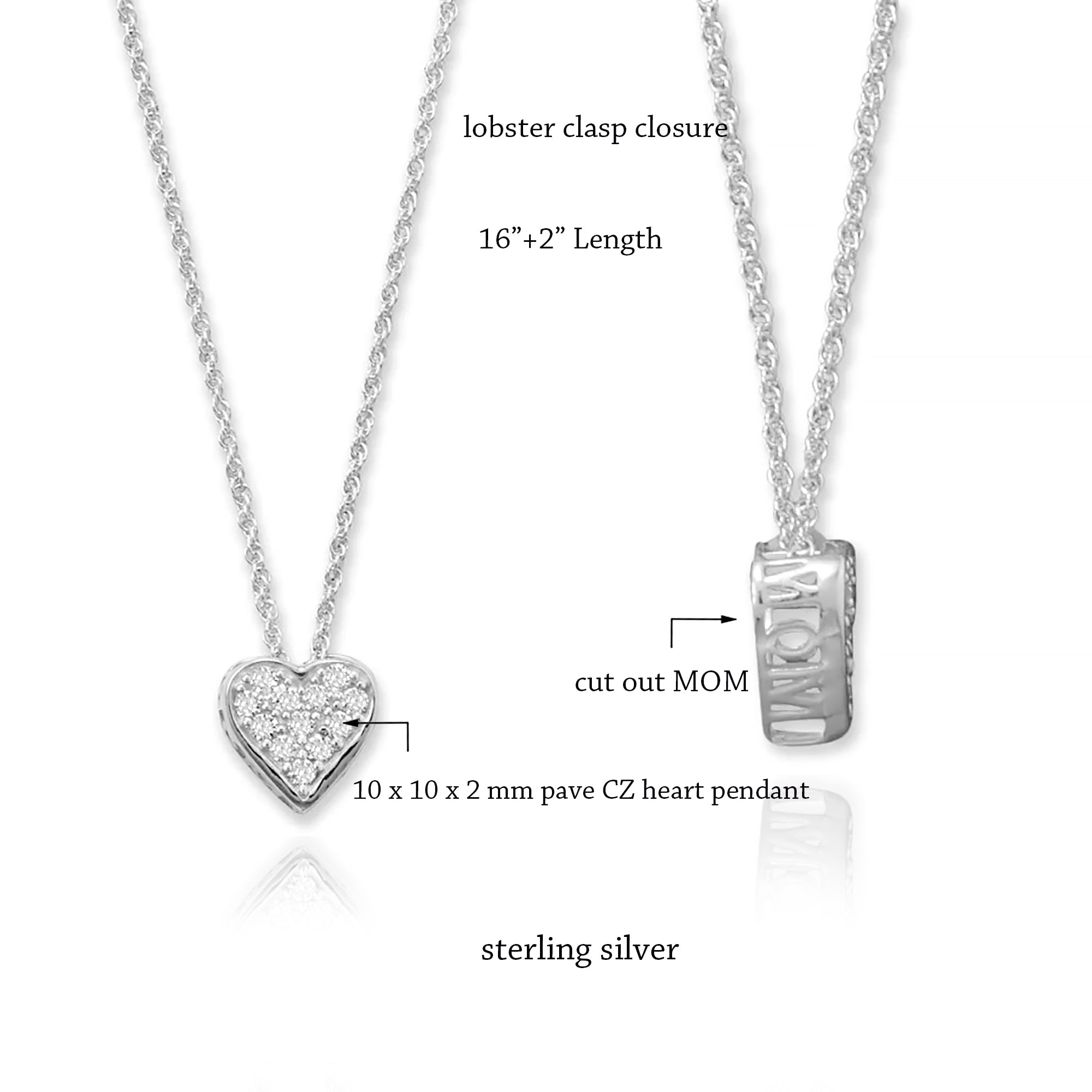 Silver CZ Heart "MOM" Necklace