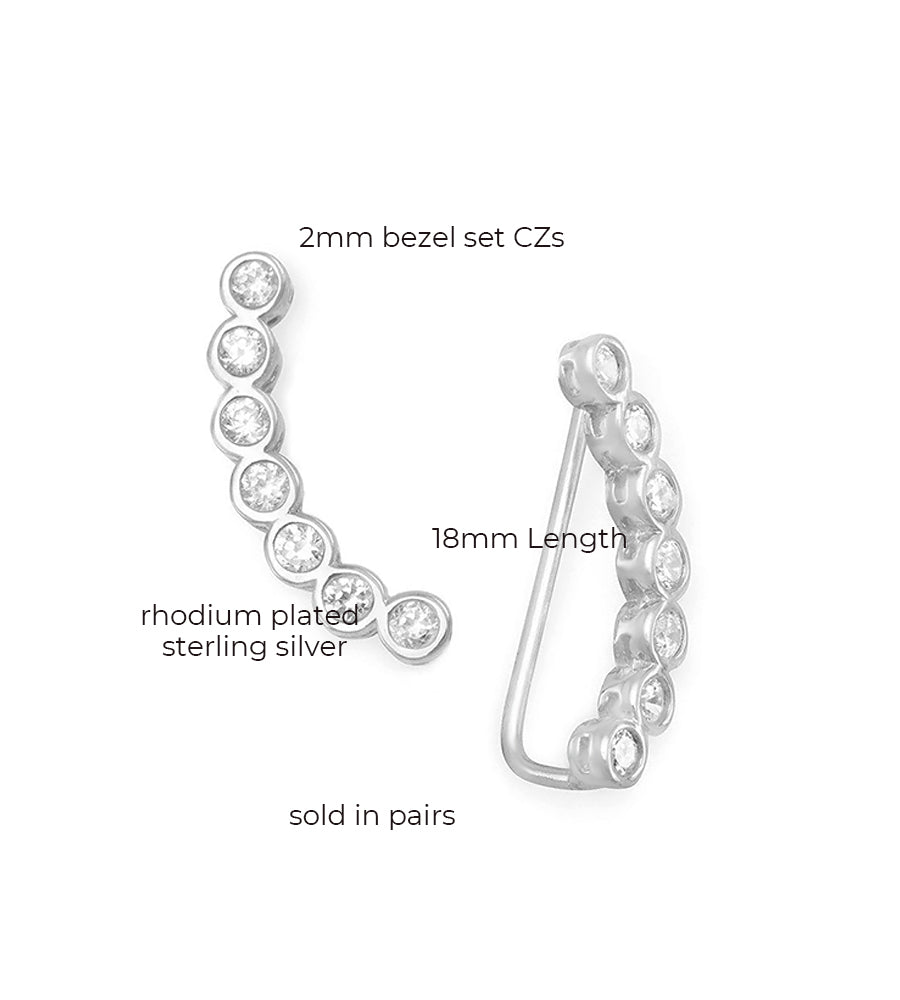 Round Bezel Set CZ Silver Ear Climbers