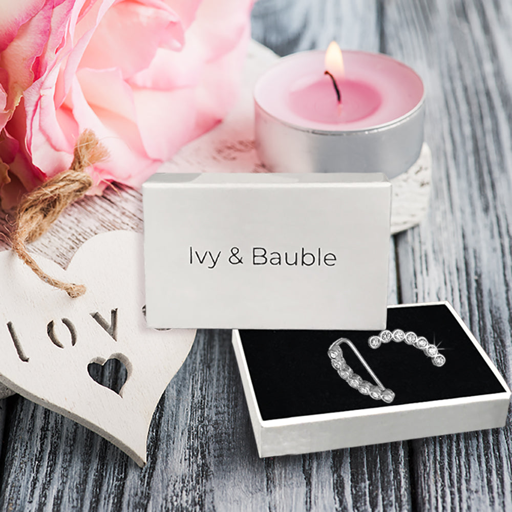 Round Bezel Set CZ Silver Ear Climbers