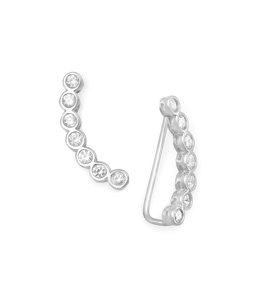 Round Bezel Set CZ Silver Ear Climbers