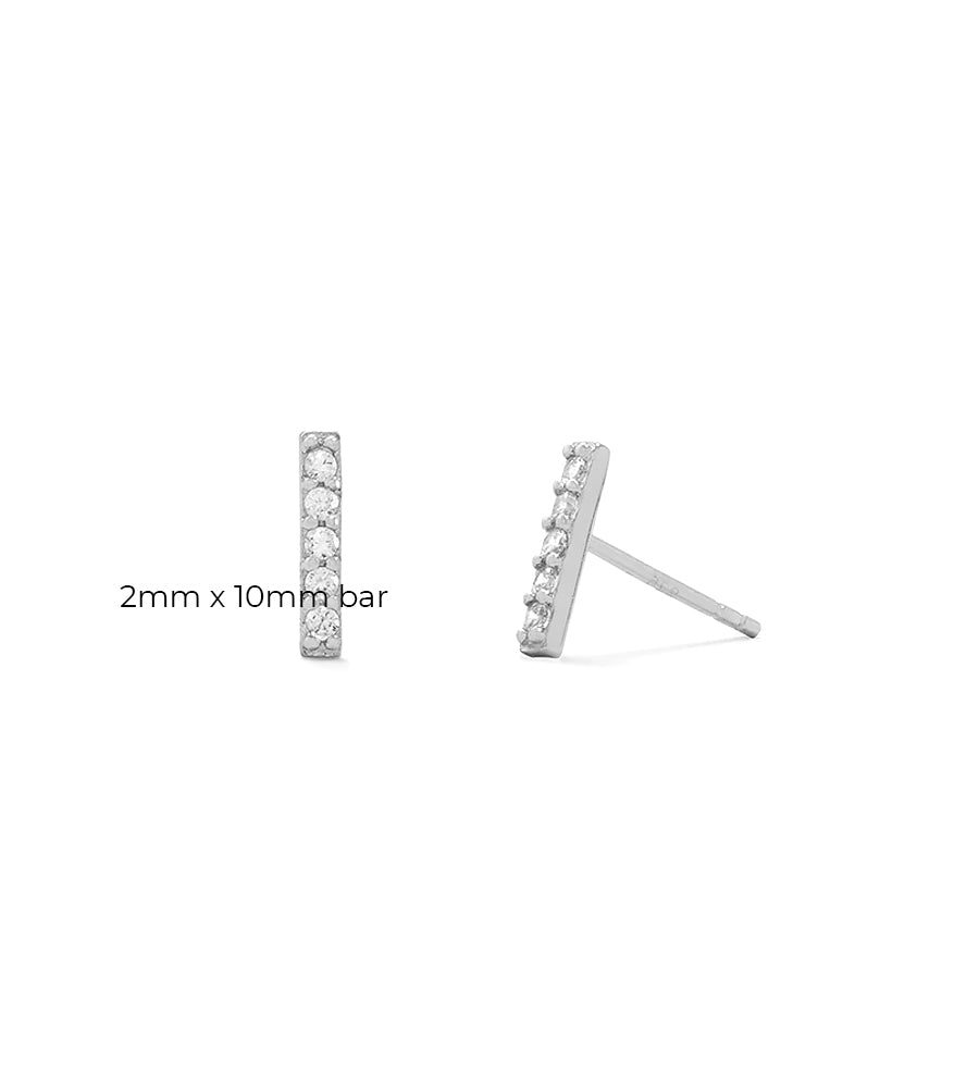 Modern Pave CZ Silver Bar Stud Earrings