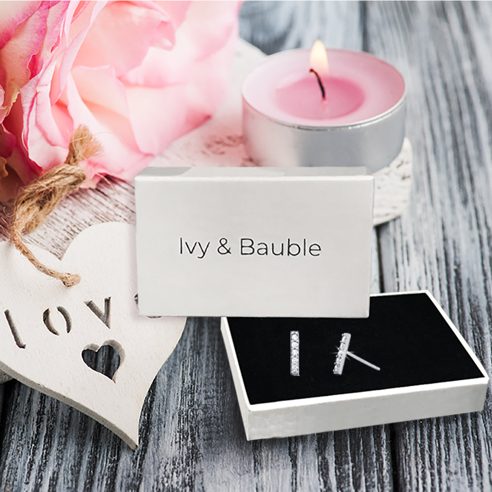 Modern Pave CZ Silver Bar Stud Earrings