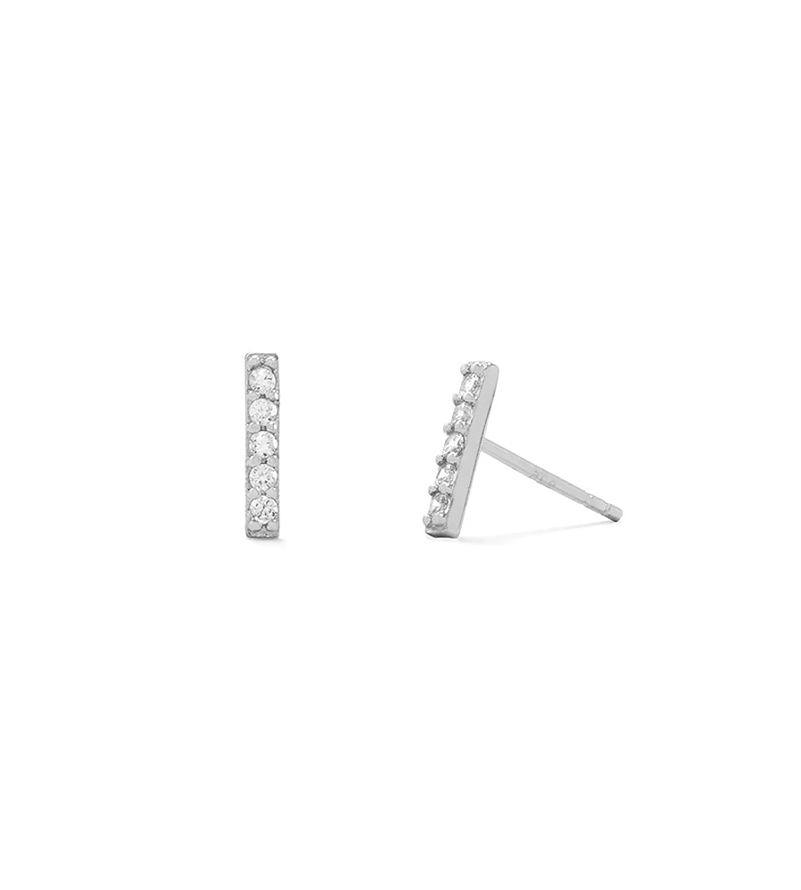 Modern Pave CZ Silver Bar Stud Earrings