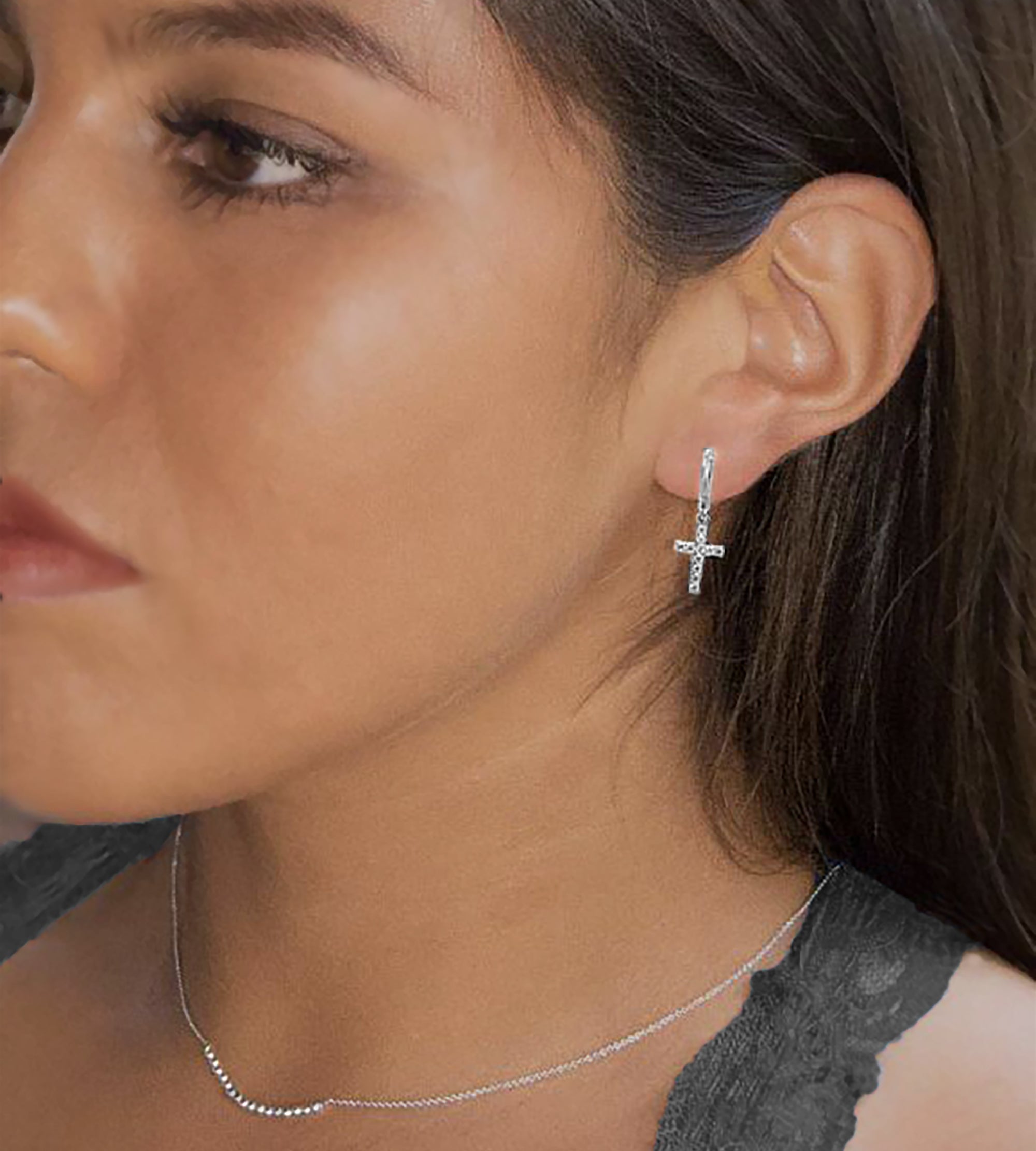 Silver CZ Cross Dangle Hoop Earrings