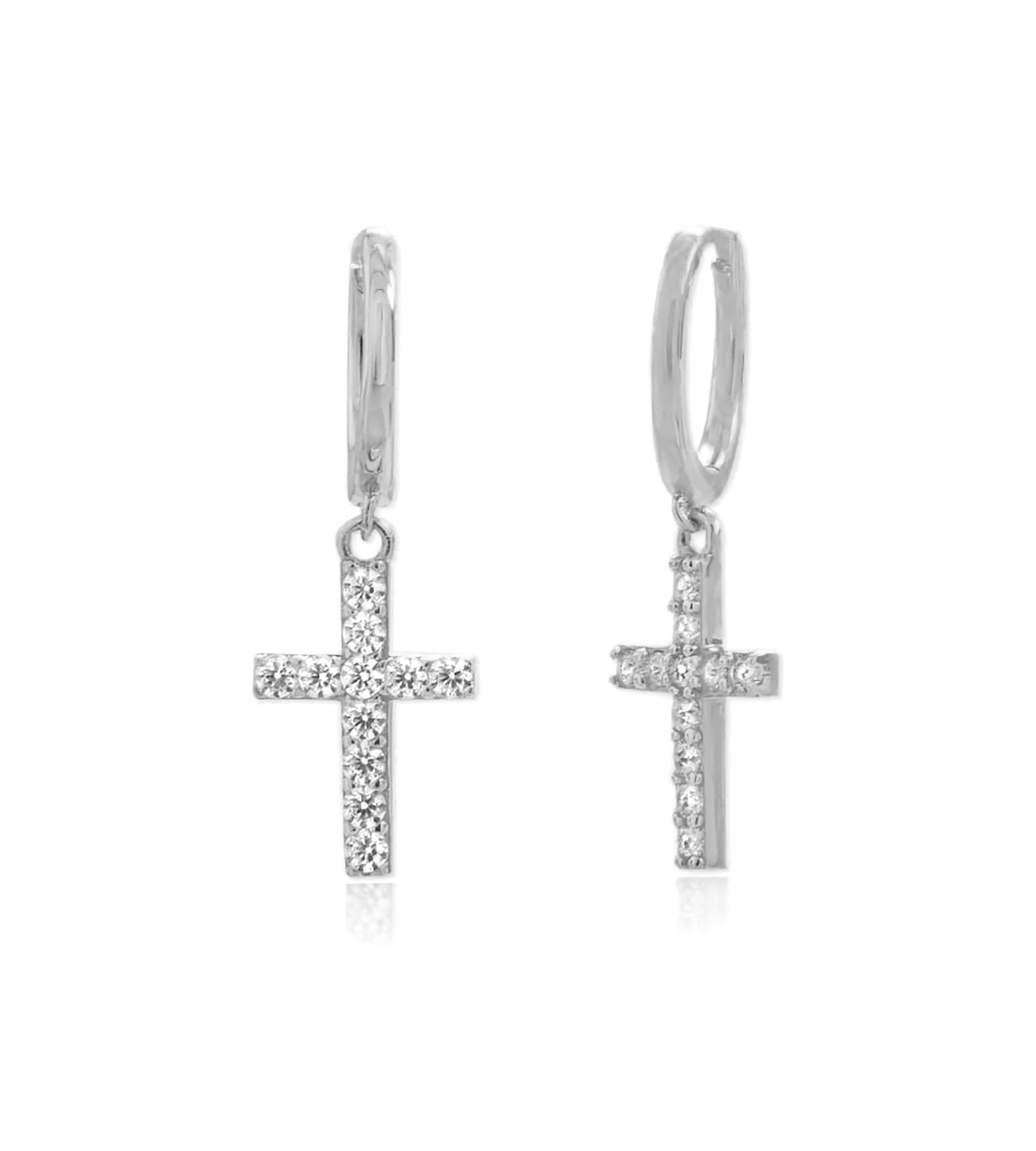Silver CZ Cross Dangle Hoop Earrings