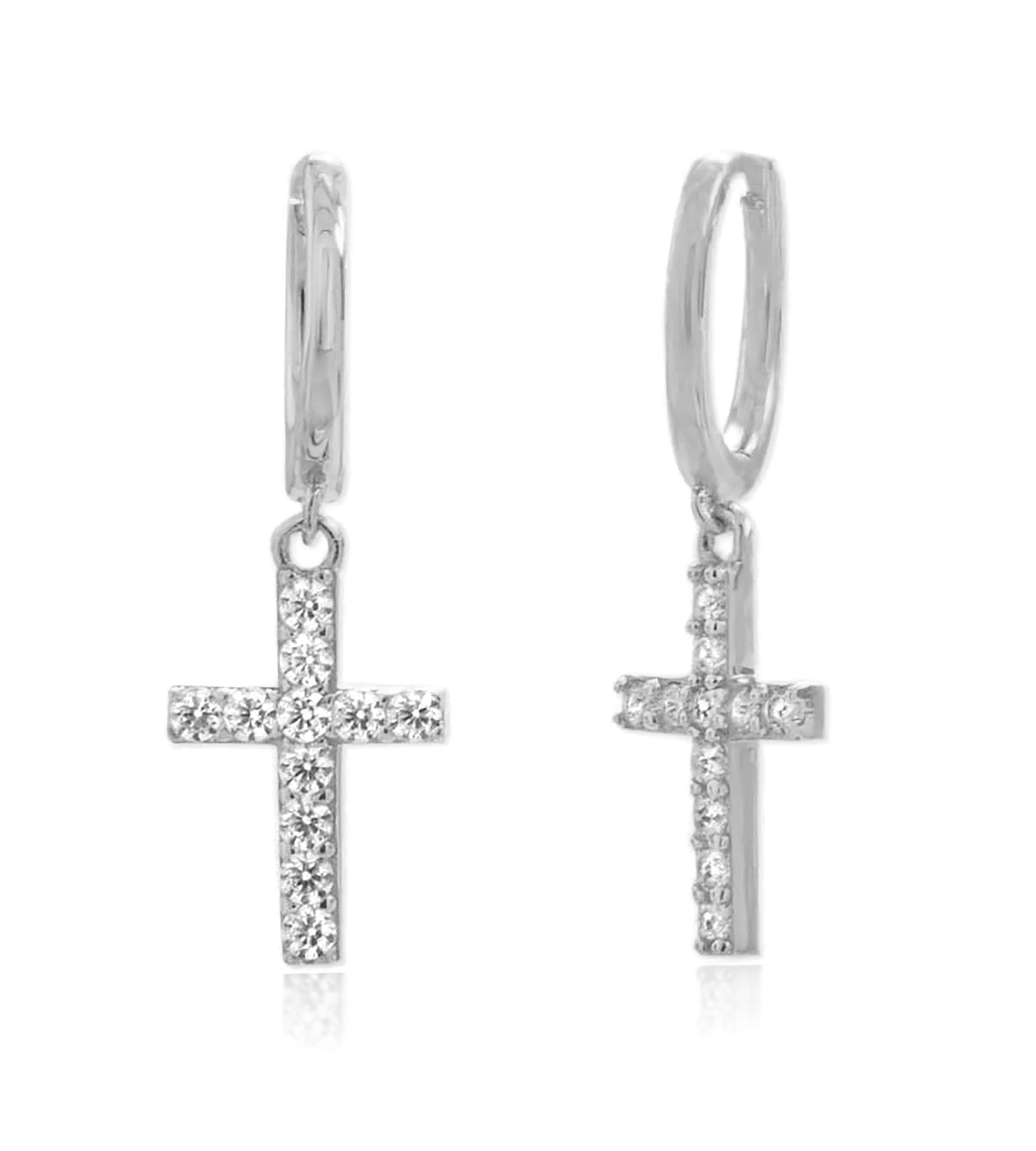 Silver CZ Cross Dangle Hoop Earrings