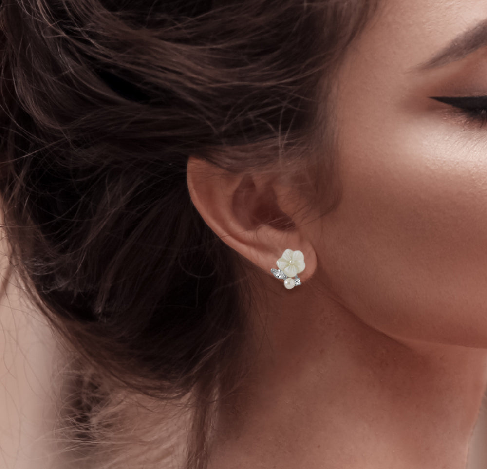 Mother of Pearl with Marquise CZ Flower Stud Earrings