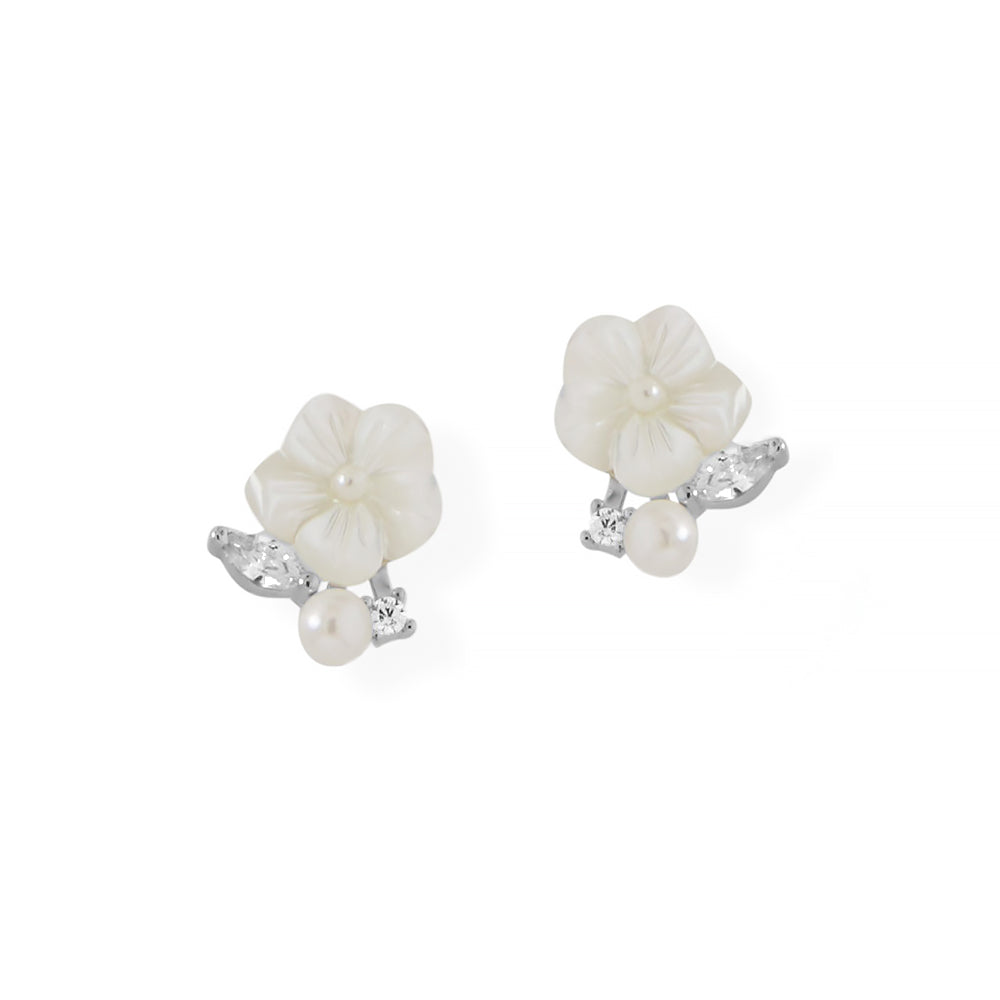 Mother of Pearl with Marquise CZ Flower Stud Earrings