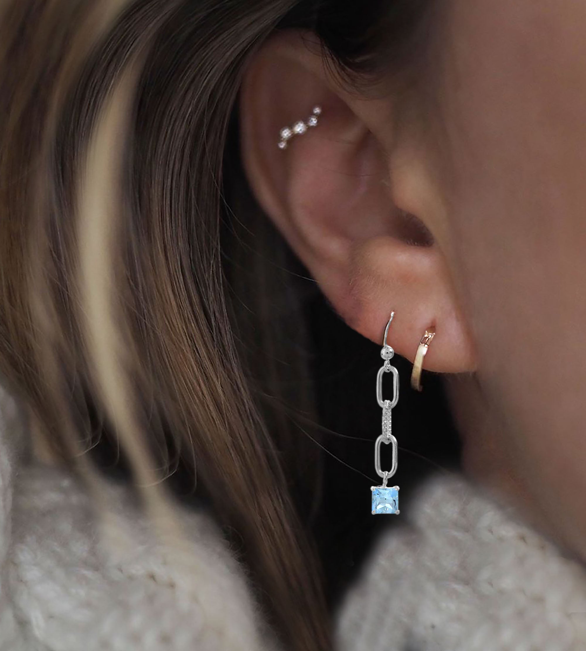 Paperclip Link Blue Topaz Earrings