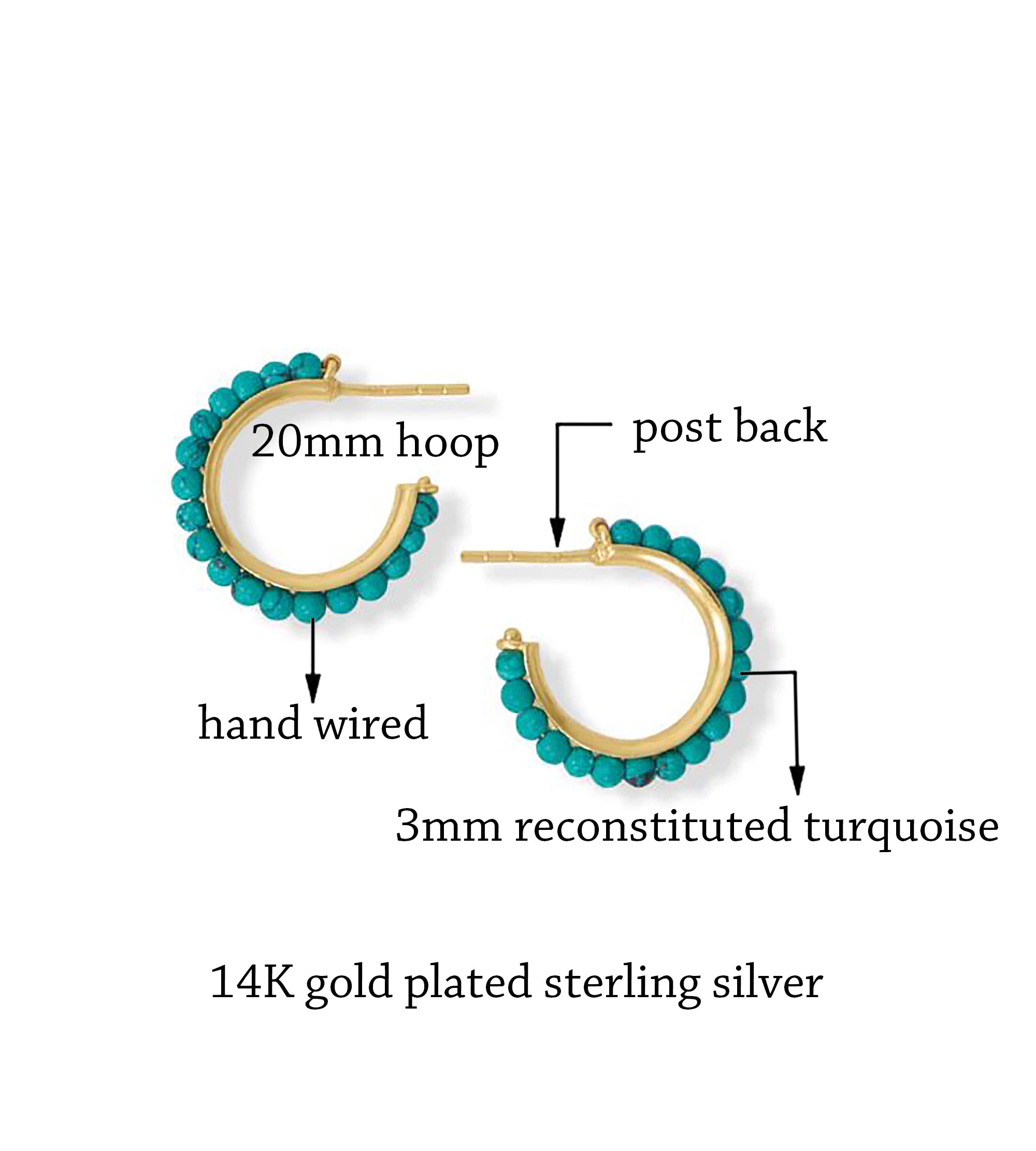 Beaded Turquoise Hoop Earrings, 20mm