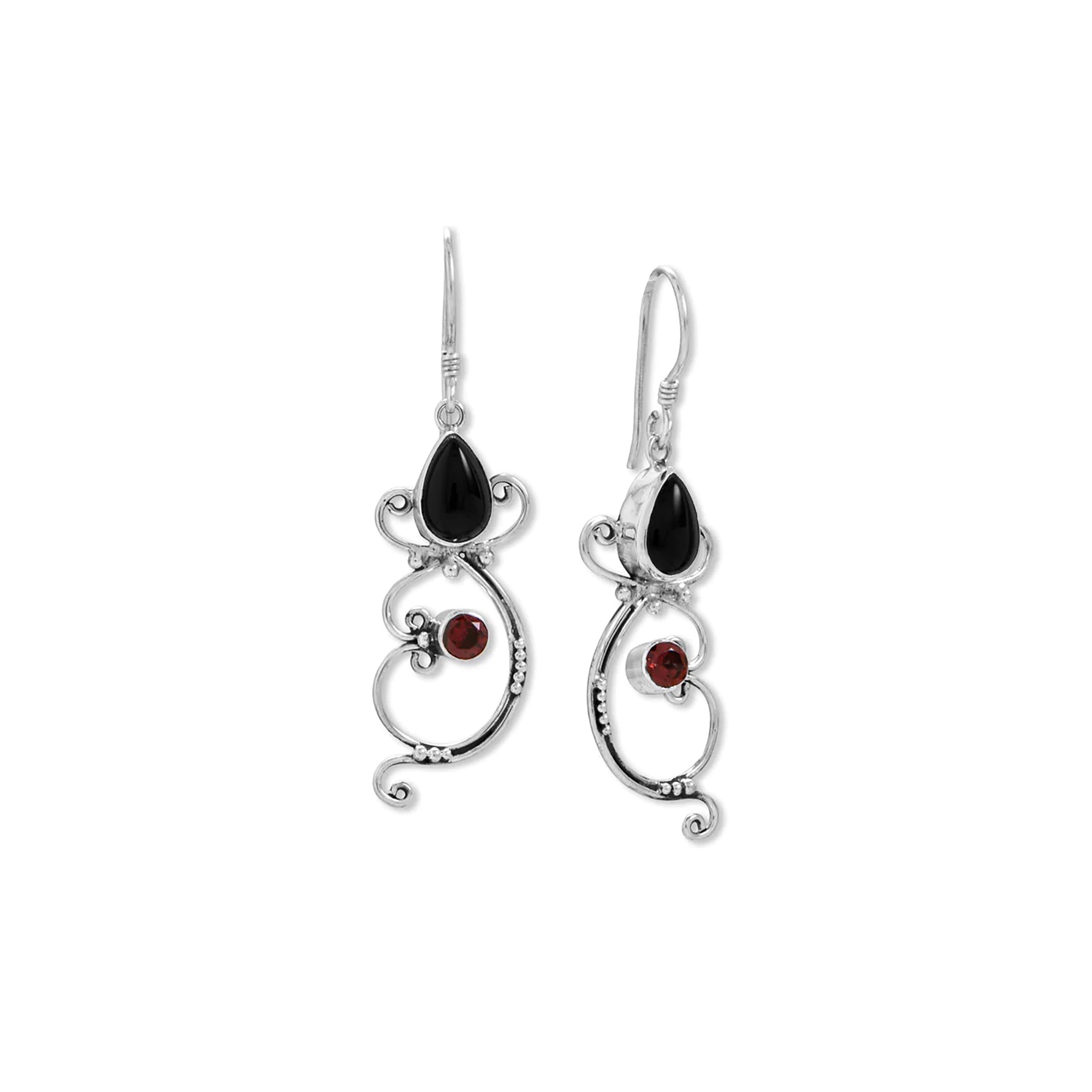 Black Onyx and Garnet Drop Earrings