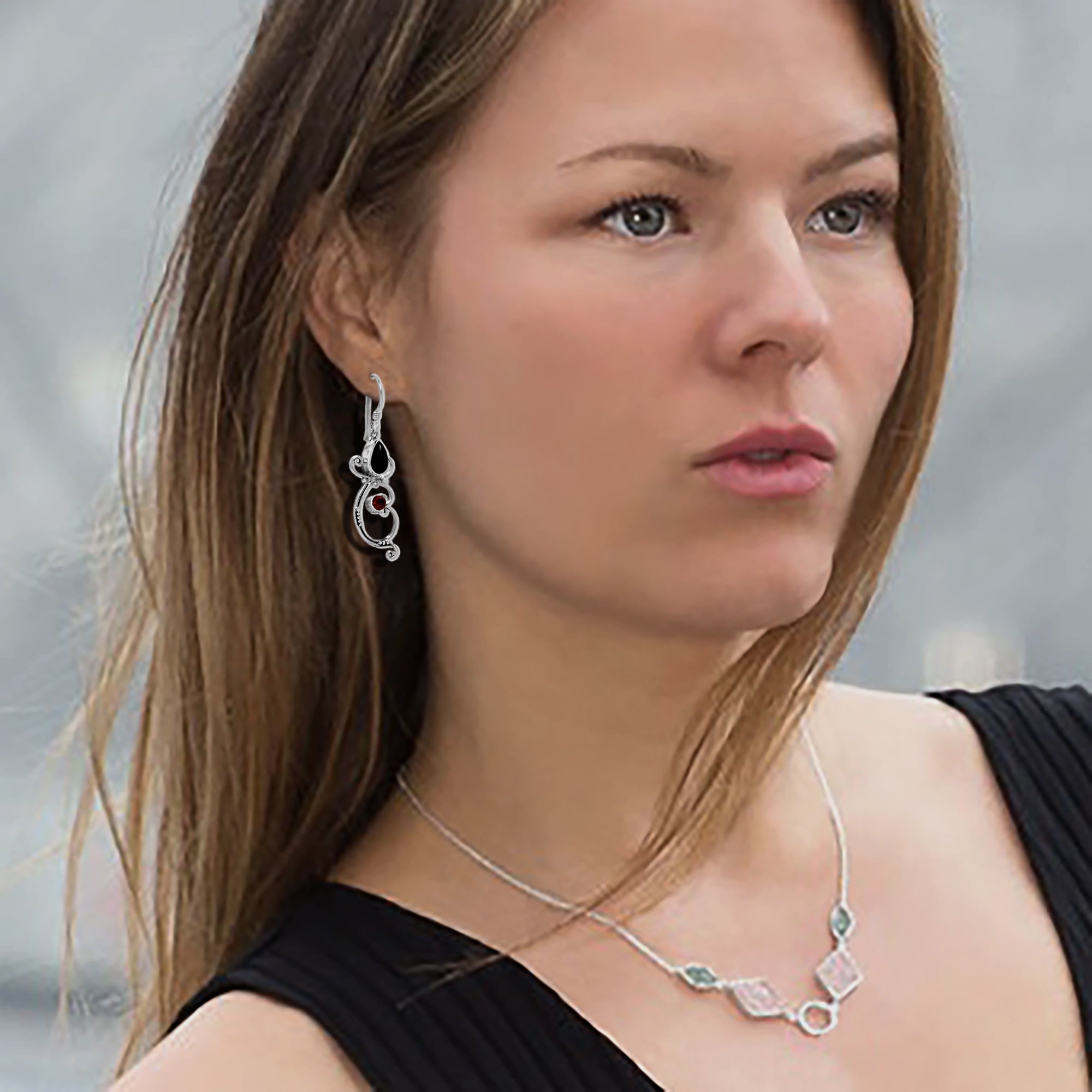 Black Onyx and Garnet Drop Earrings
