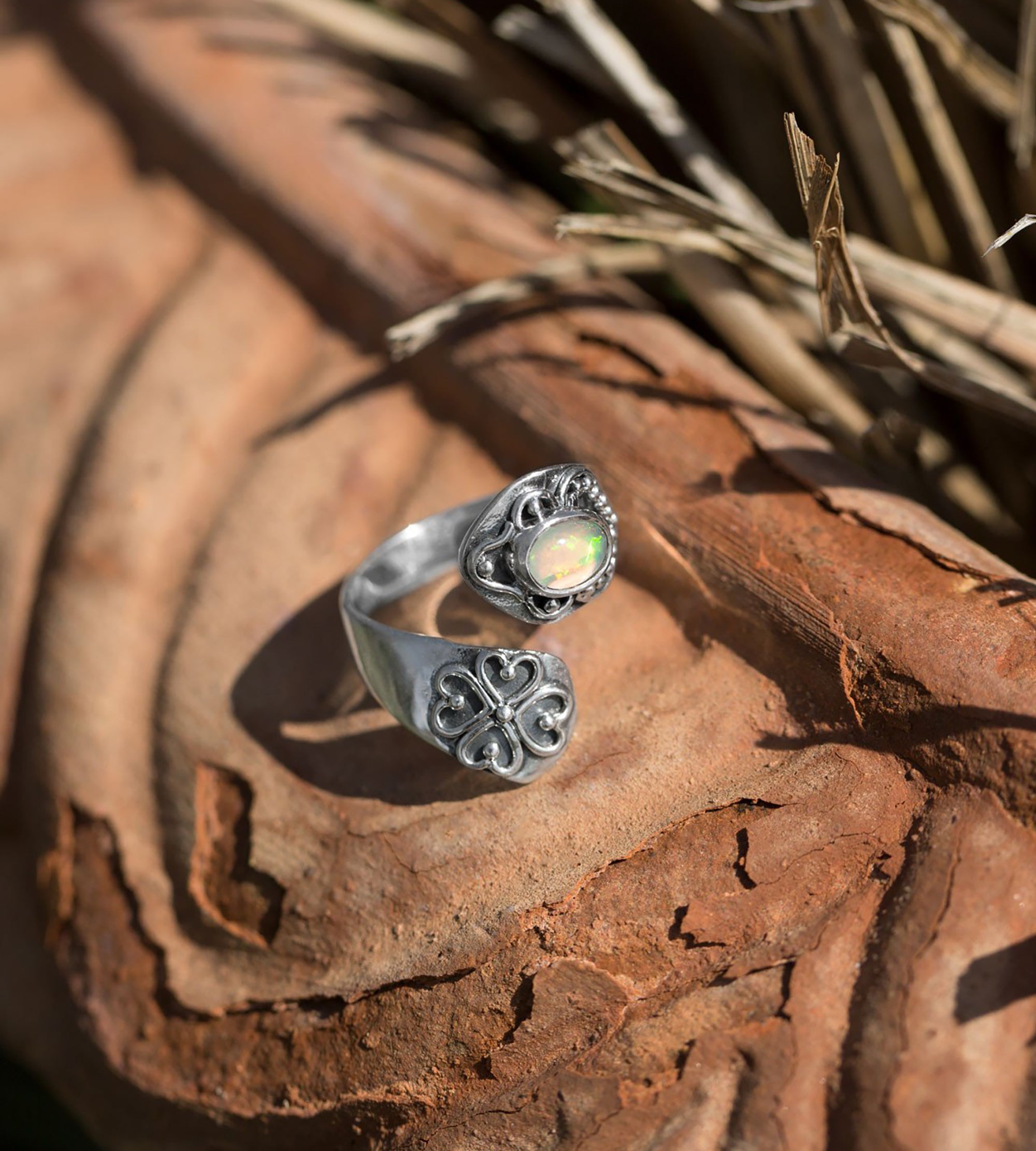 Oxidized Sterling Silver Ethiopian Opal Spoon Ring