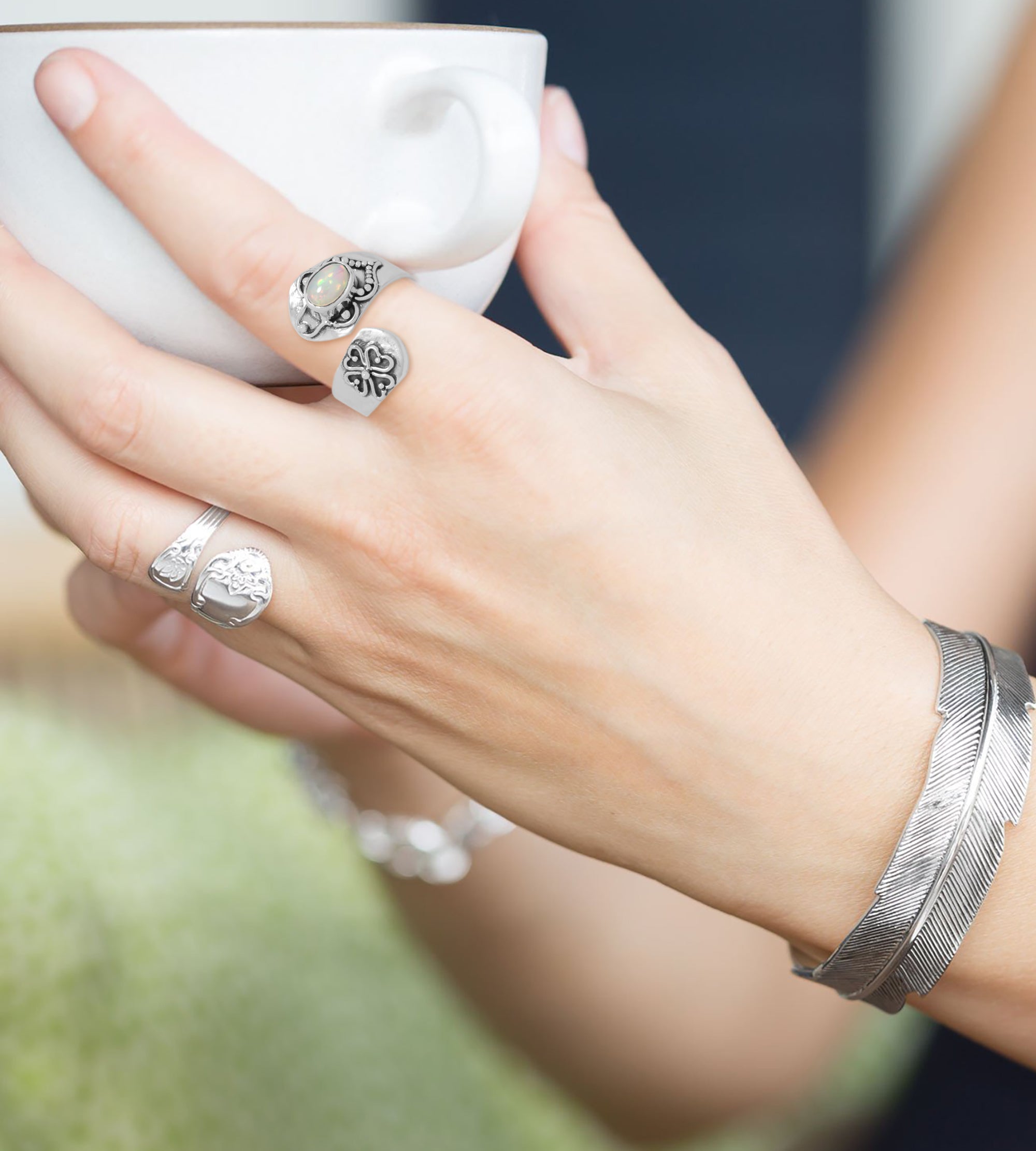 Oxidized Sterling Silver Ethiopian Opal Spoon Ring