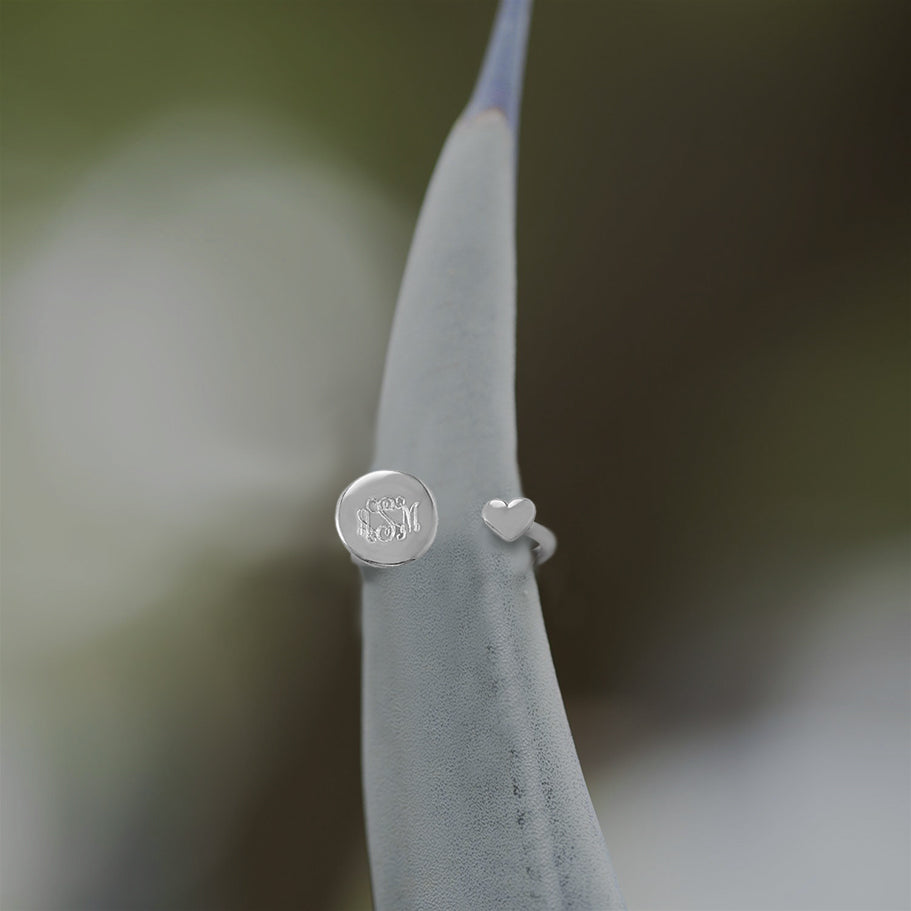Engravable Round Disc Wrap Ring with heart