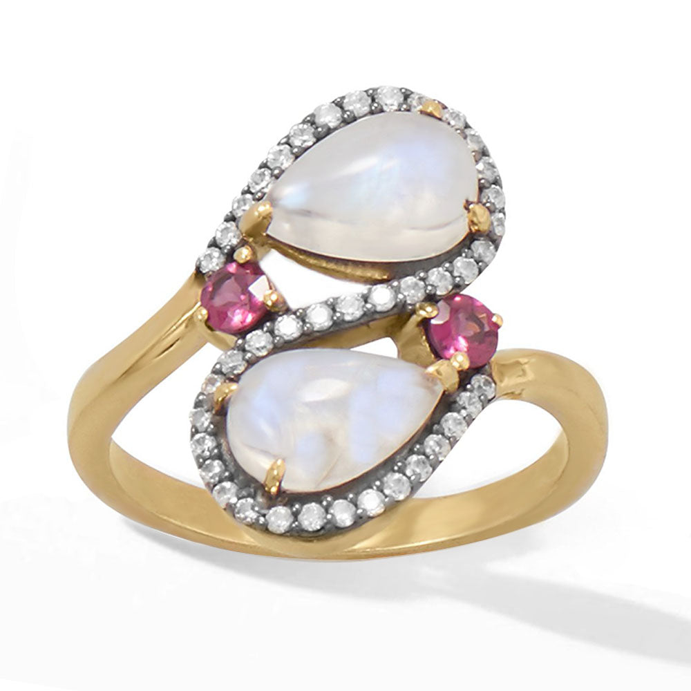 Pear Rainbow Moonstone Bypass Ring