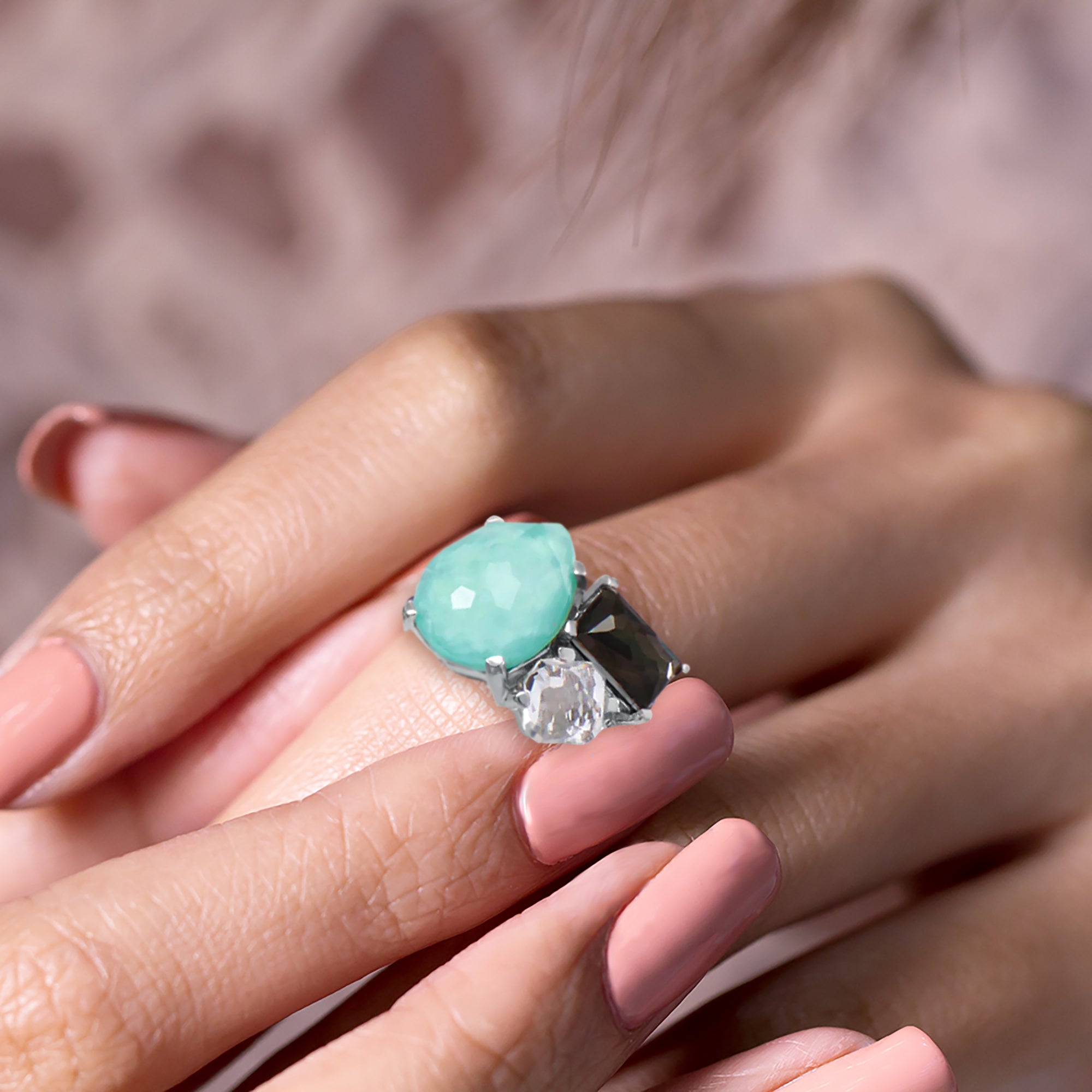 White Topaz, Turquoise and Mother of Pearl Cocktail Ring