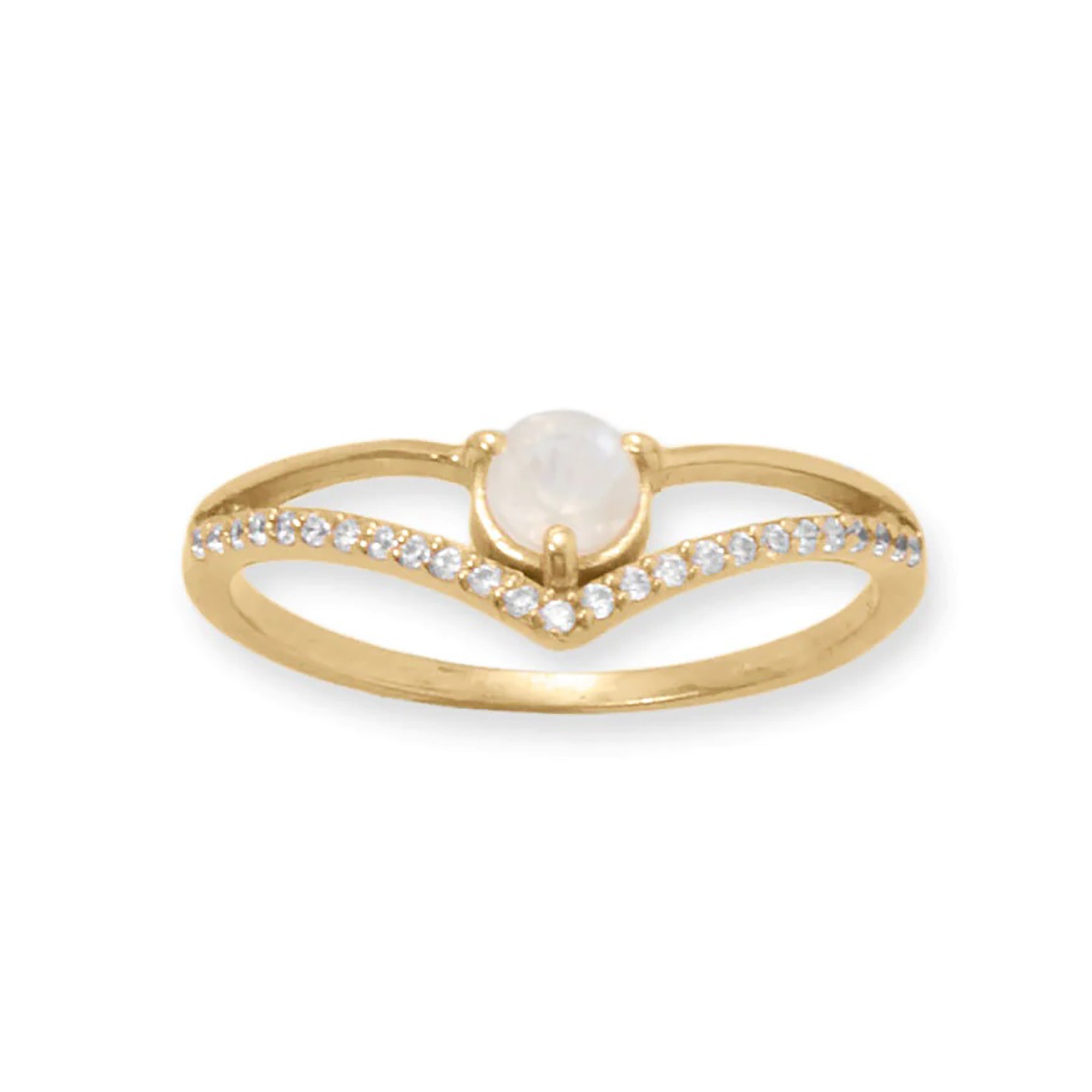 CZ and Rainbow Moonstone "V" Ring