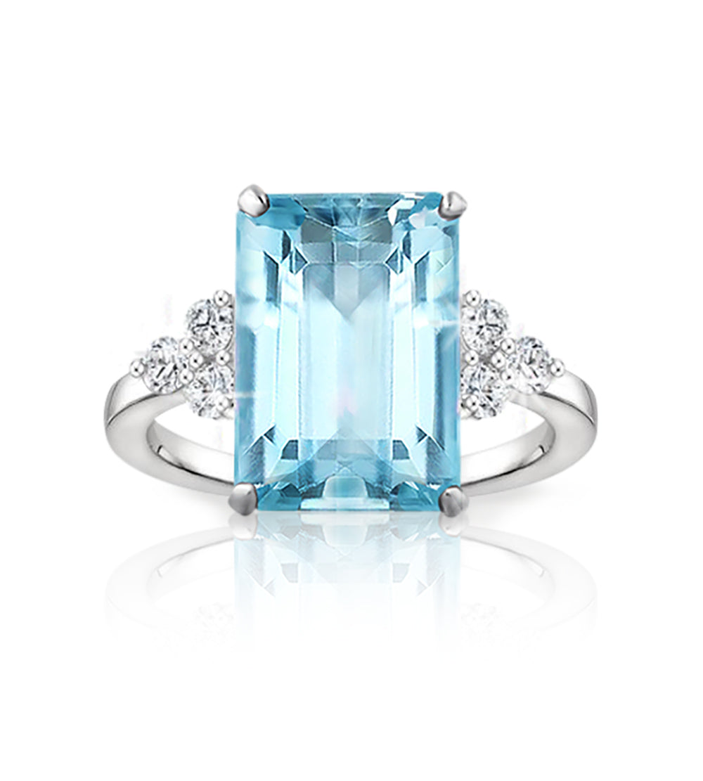 Emerald Cut Blue Cocktail Ring in White Gold Plating