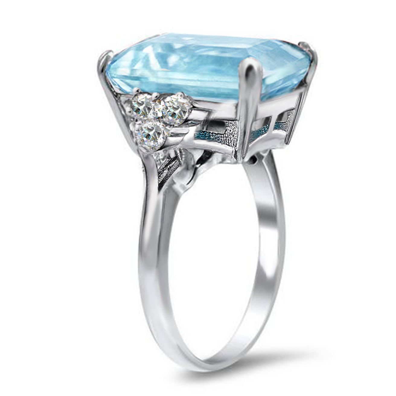 Emerald Cut Blue Cocktail Ring in White Gold Plating