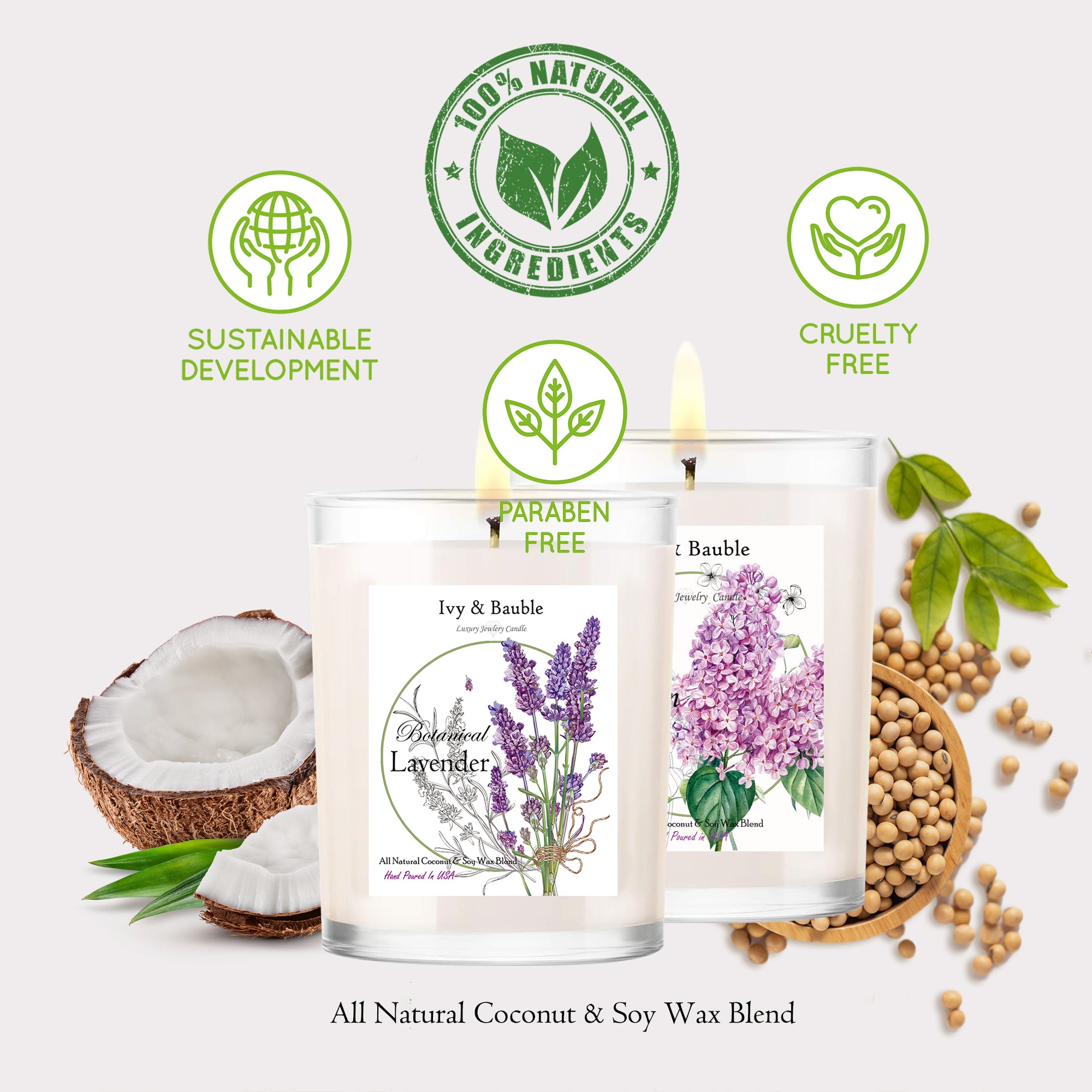 All Natural Coconut / Soy Blend Botanical Lavender Scented Candle with Jewelry