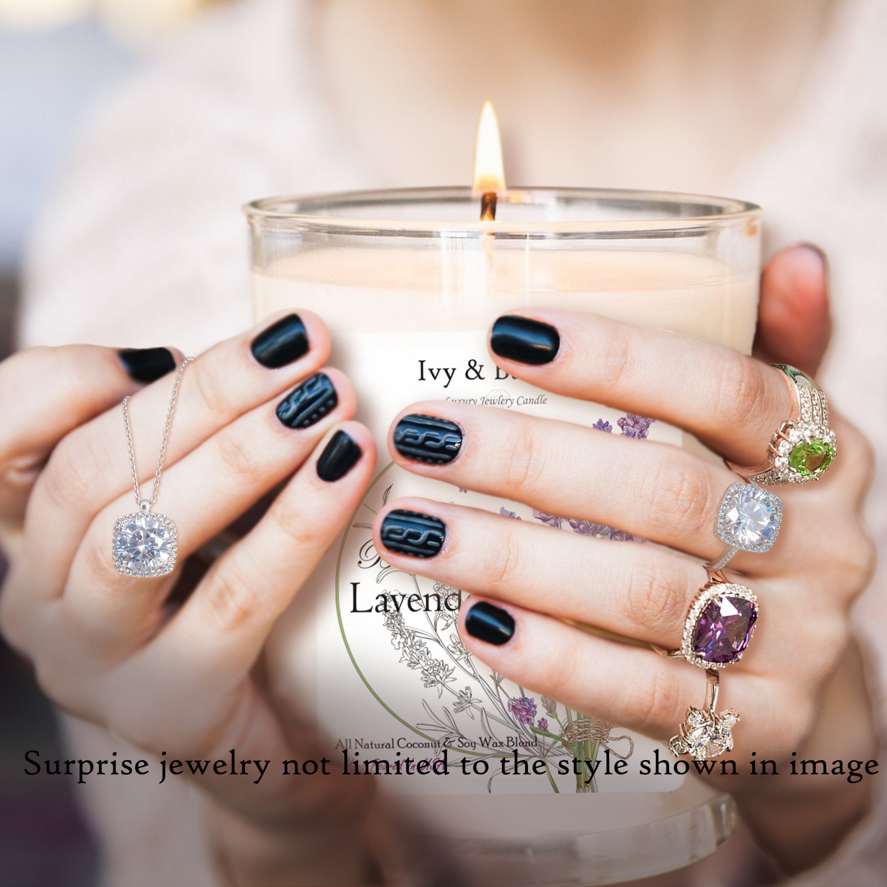 All Natural Coconut / Soy Blend Botanical Lavender Scented Candle with Jewelry