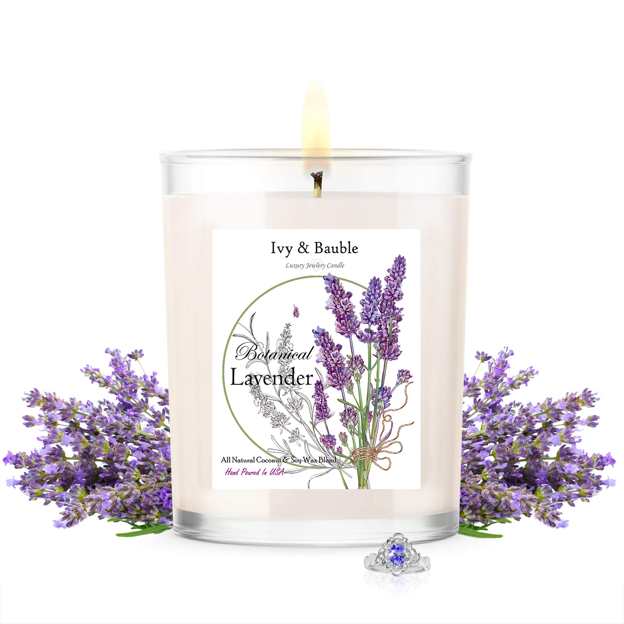 All Natural Coconut / Soy Blend Botanical Lavender Scented Candle with Jewelry