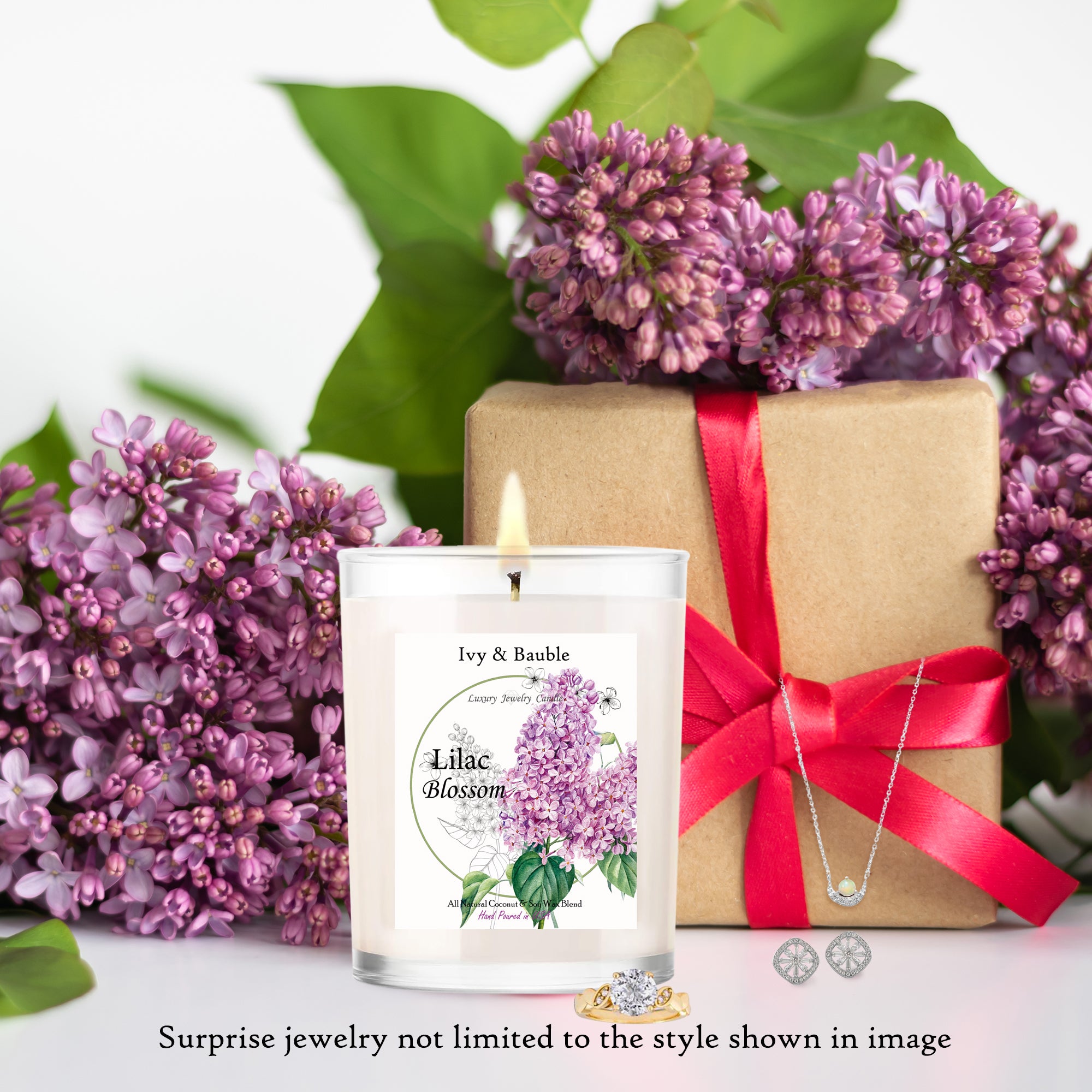 All Natural Coconut / Soy Blend Lilac Scented Candle with Jewelry