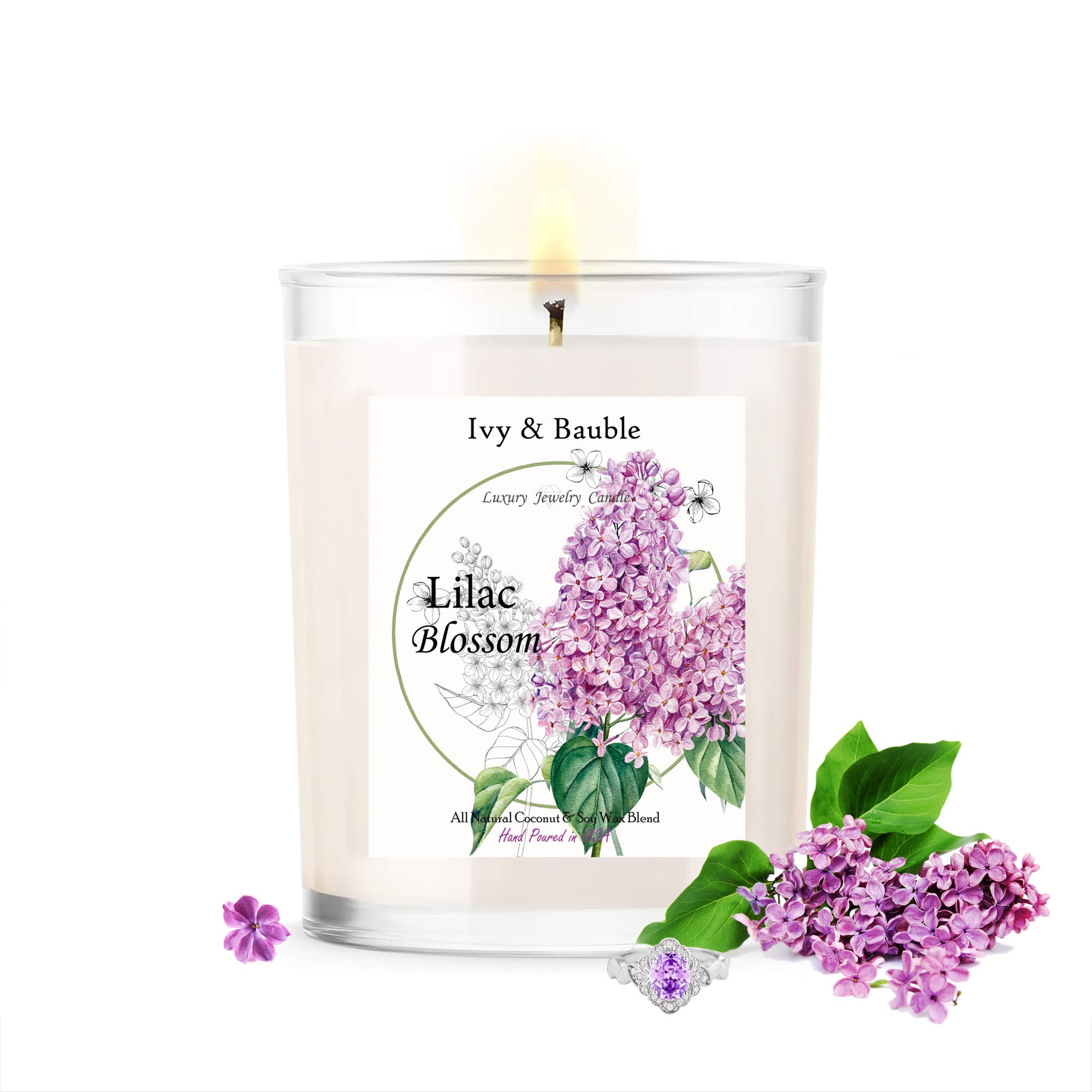 All Natural Coconut / Soy Blend Lilac Scented Candle with Jewelry