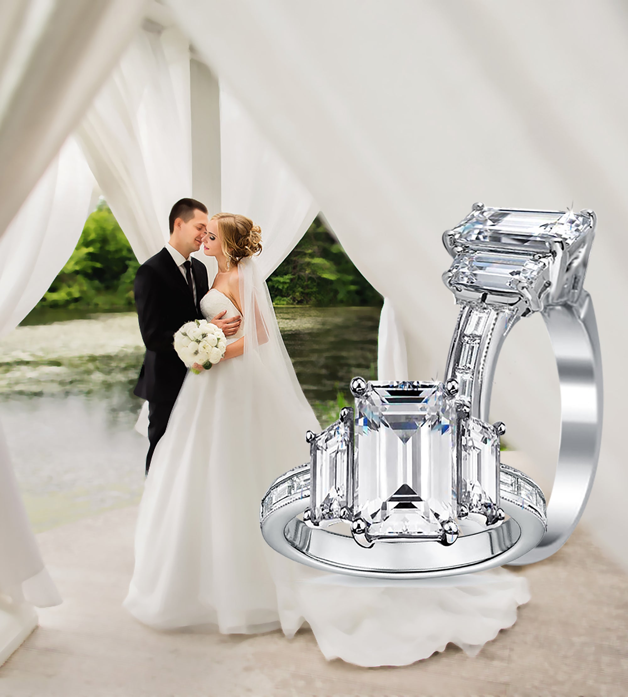 Emerald & Baguette Cut CZ 3 Stone Ring