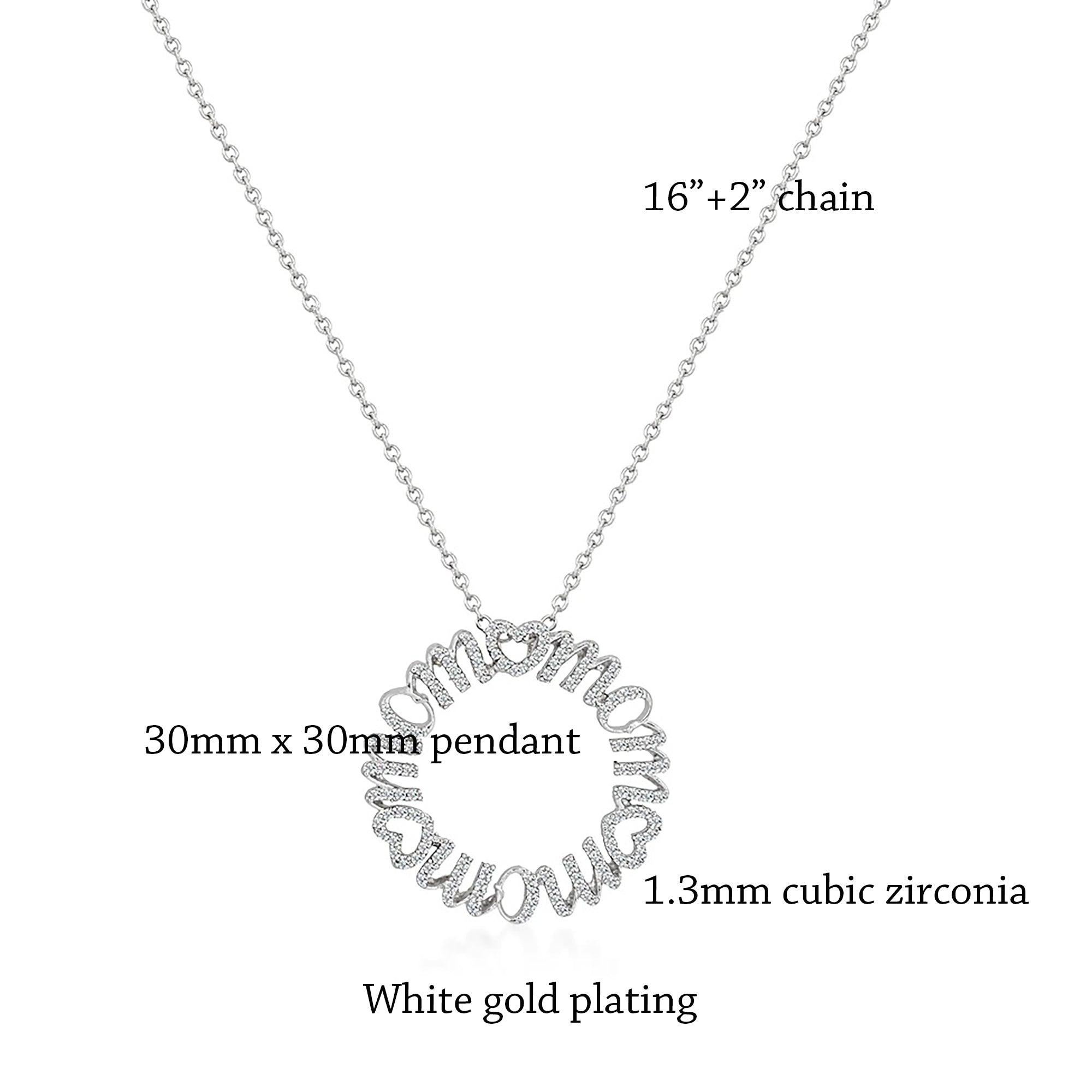 CZ Heart "Mom" Circle Pendant Necklace, 16" + 2"