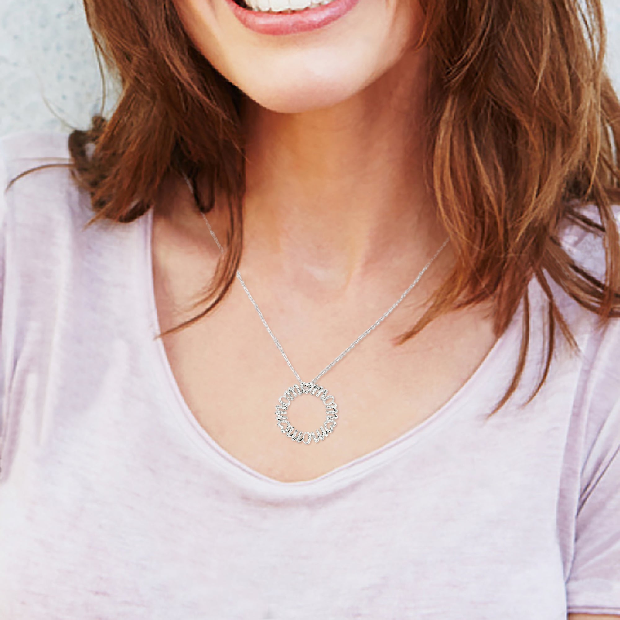 CZ Heart "Mom" Circle Pendant Necklace, 16" + 2"